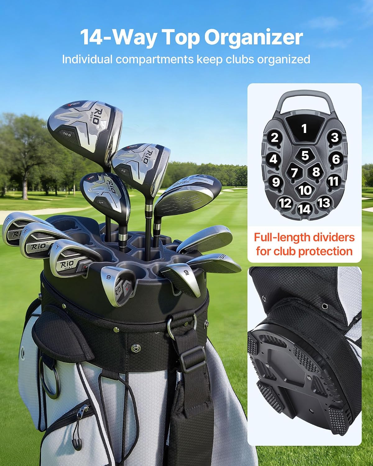 VEVOR Golf Cart Bag, 14 Way Molded Lock Top Divider Organizer, Golf Club Bag with Full-Length Divider, Handles, Storage Pockets, Shoulder Strap, Rain Hood, Smooth Zippers for Men & Women