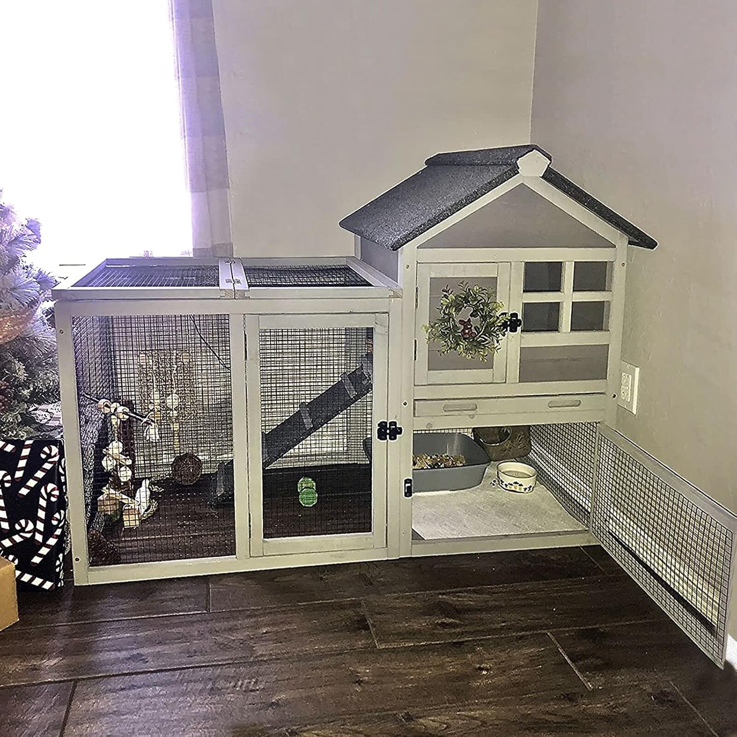 Aivituvin 103.2" L Rabbit Hutch Indoor Outdoor Bunny Cage with Run,Guinea Pig House Pull Out Upper Tray (103.2" L x 25.2" W x 36.2" H, Grey-2 Sets)