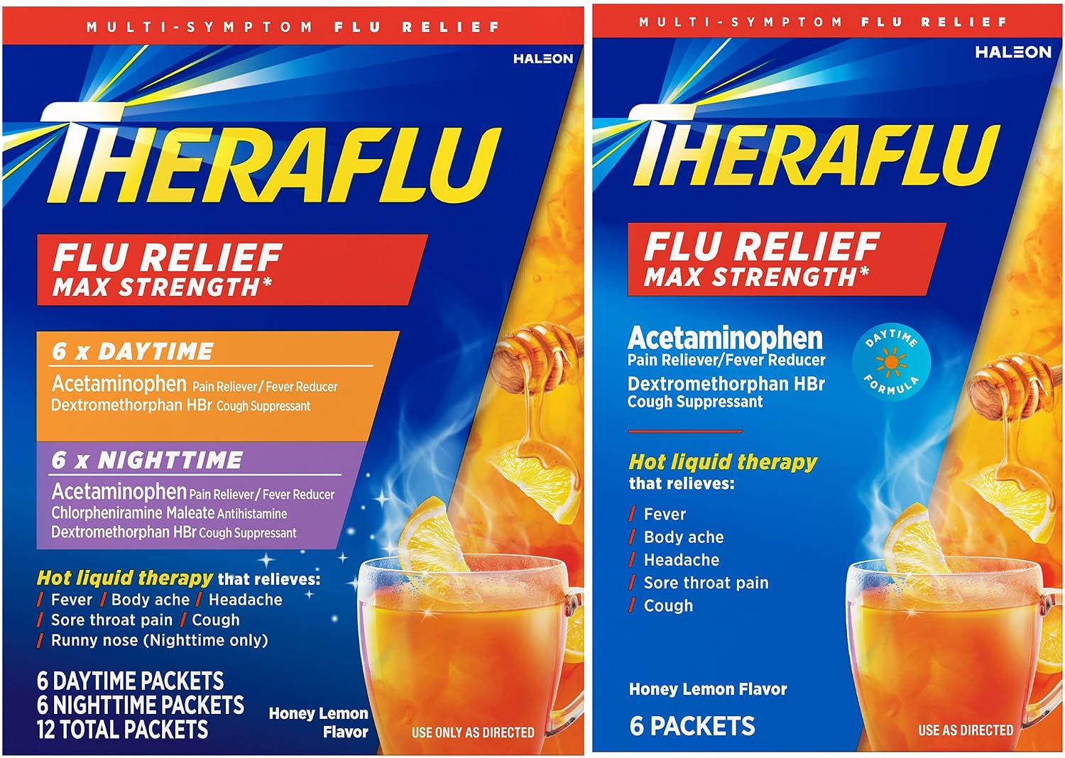 Theraflu Day and Night Pack, Severe Cold Relief, 18 Packets | Honey Lemon Flavor, Cold, Cough, and Flu Relief Powder for Use in Hot Liquids