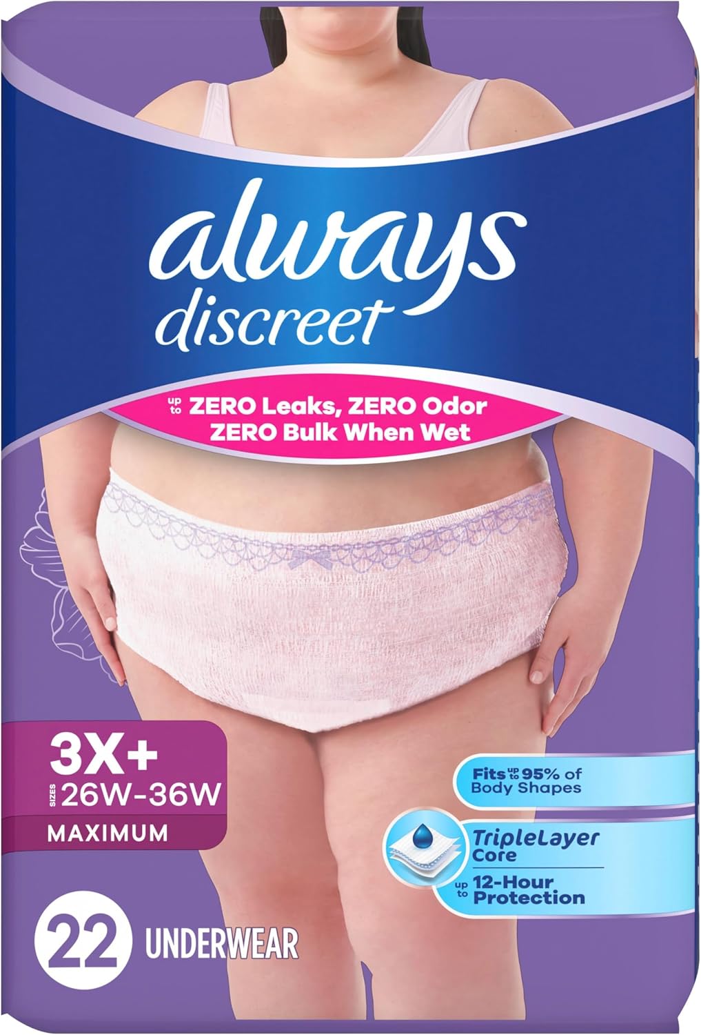 Always Discreet Adult Diapers for Women, Incontinence Underwear, Postpartum Essentials, Disposable Briefs, Max Absorbency, Bladder Leak Protection, Small/Medium, 32ct