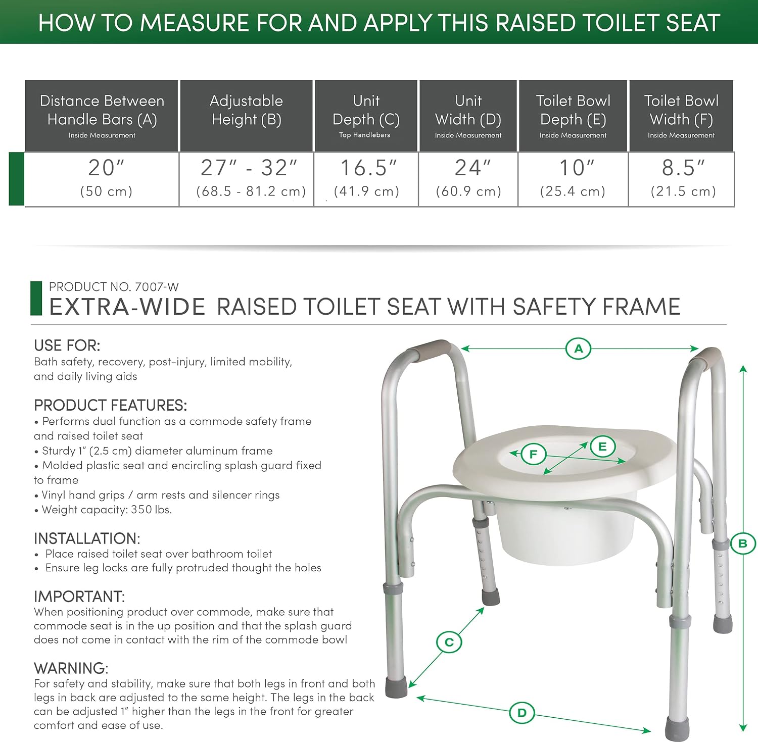 PCP Raised Toilet Seat and Safety Frame, Pre-Assembled Tool Free, Secure Adjustable Height, Made in USA, Regular