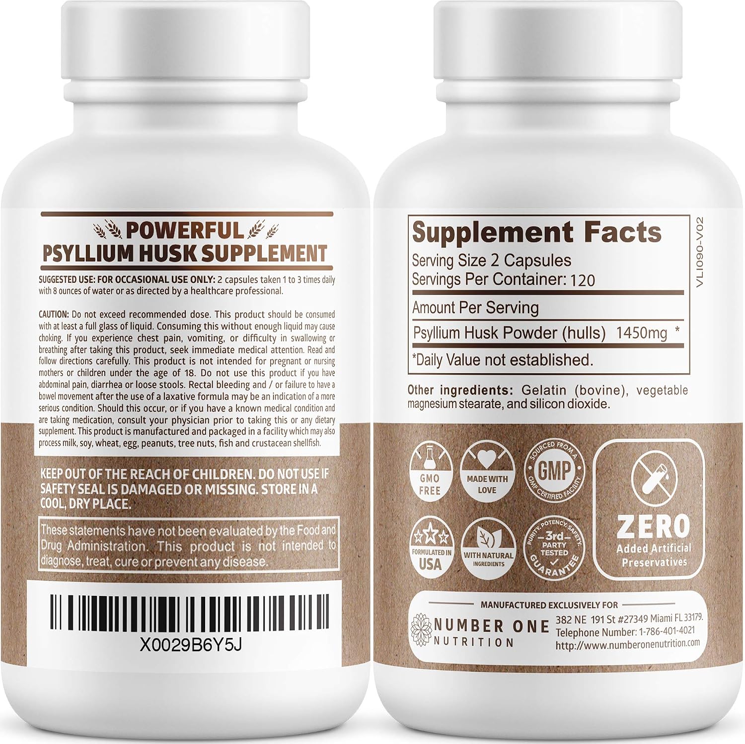 Psyllium Husk Capsules 1450mg, Soluble Fiber Support, Non-GMO, 240 Caps