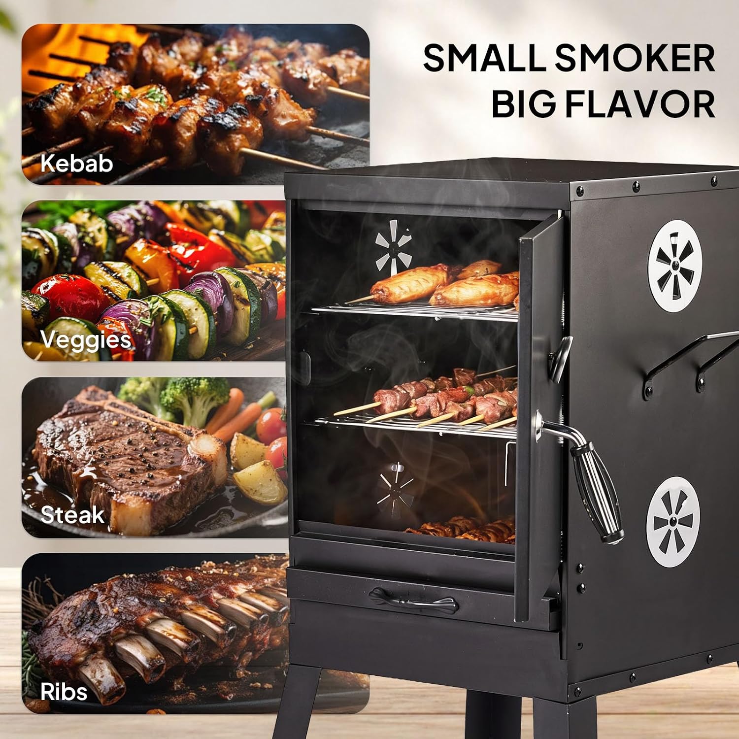 ROVSUN 2-in-1 Outdoor Smoker, Vertical Portable Charcoal Grill Smoker with Two Detachable Grill Smoking Racks and Charcoal Pan