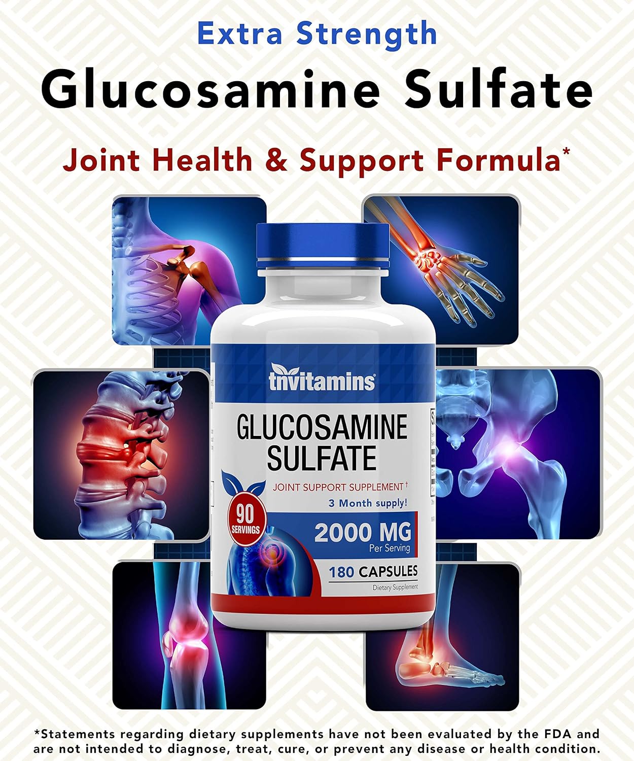 tnvitamins Glucosamine Sulfate Capsules 2000 MG (180 Count) | Joint Support* Supplement for Women & Men | Produced in The USA | Promotes Flexibility