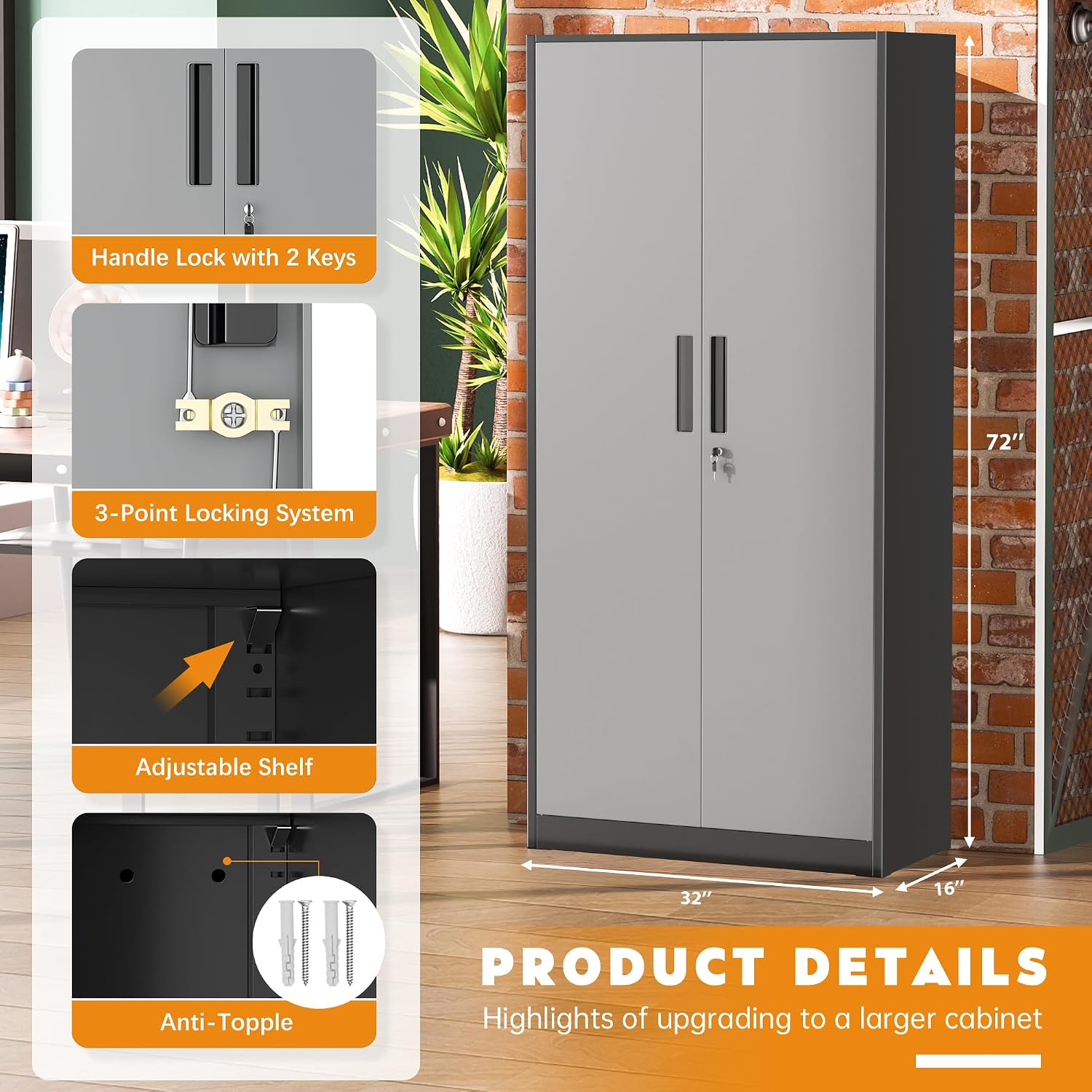 Greenvelly Steel SnapIt Storage Cabinet, 72" Locking Metal Garage Storage Cabinet with 4 Adjustable Shelves, 2 Doors and Lock for File, Office, Garage