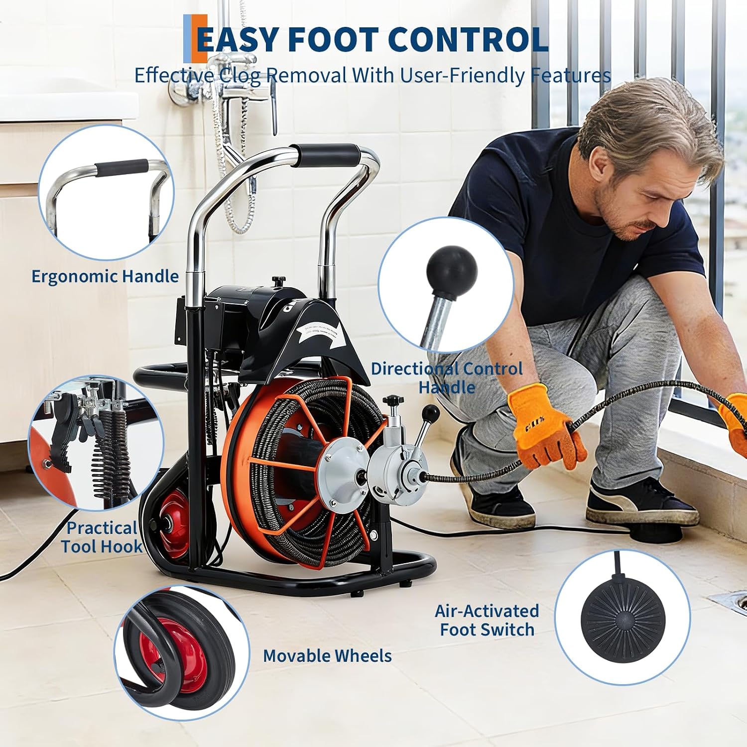 100FT x 3/8 Inch Drain Cleaning Machine with 10 Cutters & Air-Activated Foot Switch, Auto Feed Drain Snake Auger on Wheels