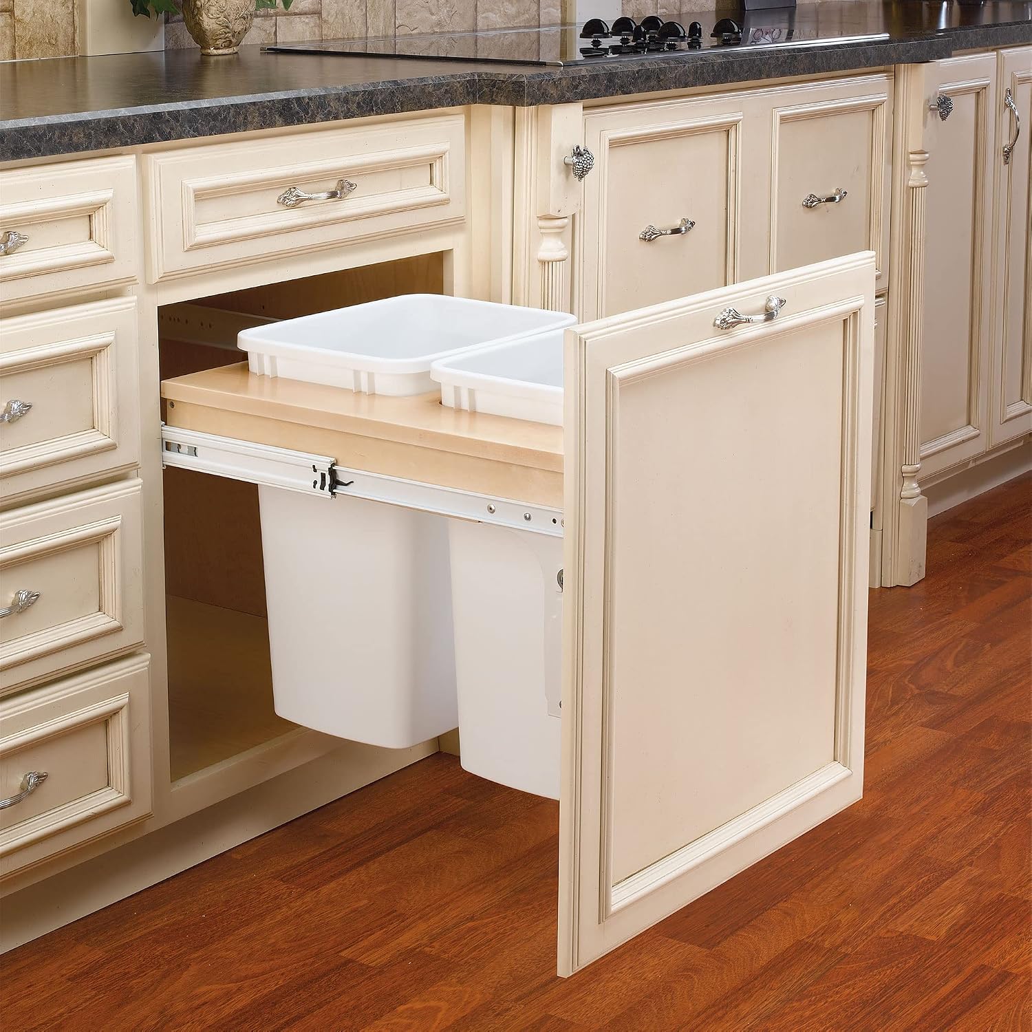 Rev-A-Shelf Top Mount Double Pullout Under Cabinet 50 Quart Kitchen Trash Cans w/Soft-Close for Full Height Cabinet, 150 Pound Rated Full-Extension Slides, 4WCTM-2150BBSCDM-2