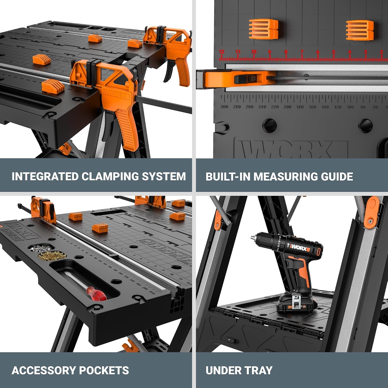 WORX Portable Folding Workbench, 2-in-1 Pegasus Table & Sawhorse, WX051 | 31"×25"×32" dimension, heavy load capacity, fast setup, includes 2 clamps & 4 clamp dogs, lightweight portable design