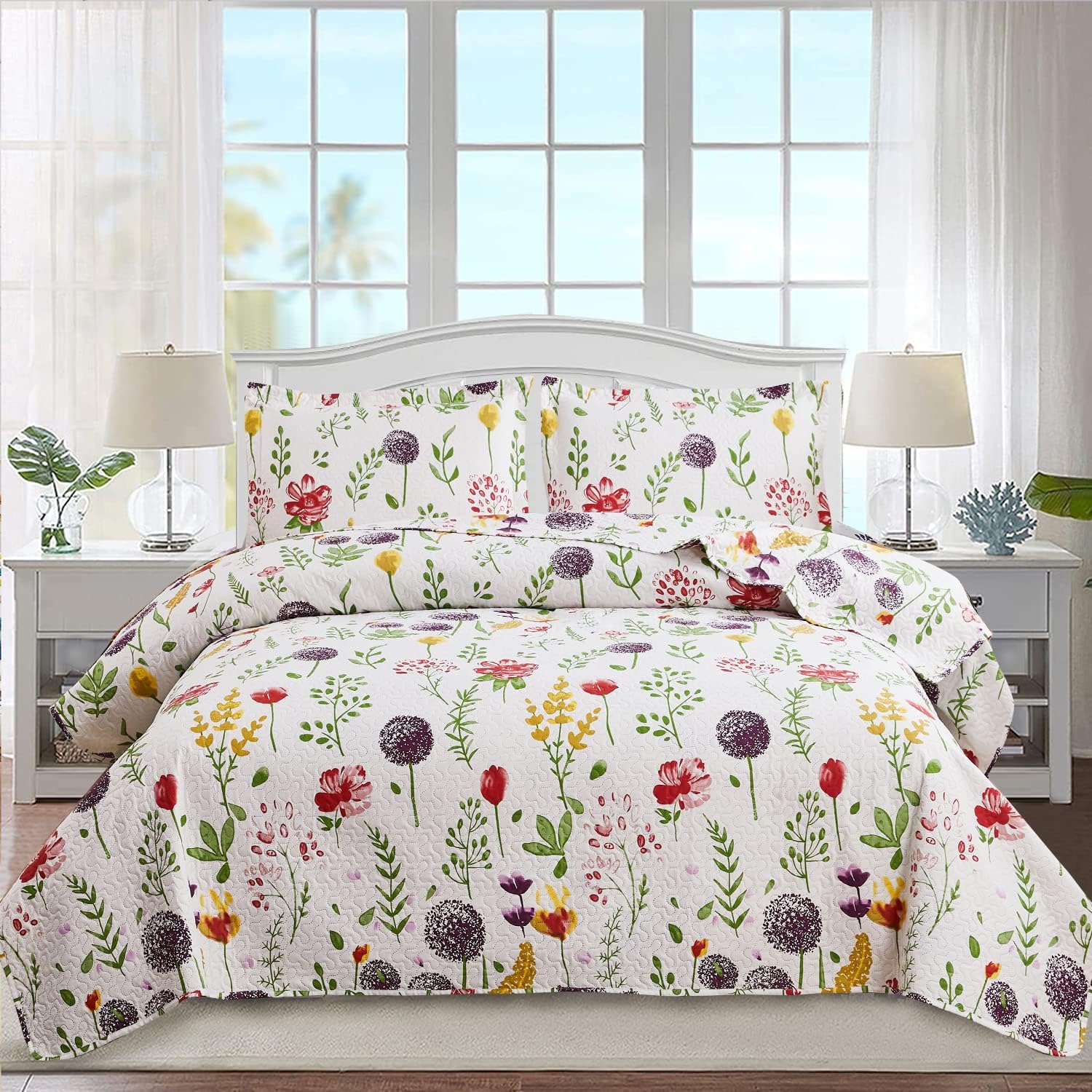 Ycosy Floral Quilt Set Full/Queen Size Reversible Flower Bedspread Queen Summer Lightweight Quilt Bedding Purple Floral Quilts Green Leaves Coverlet