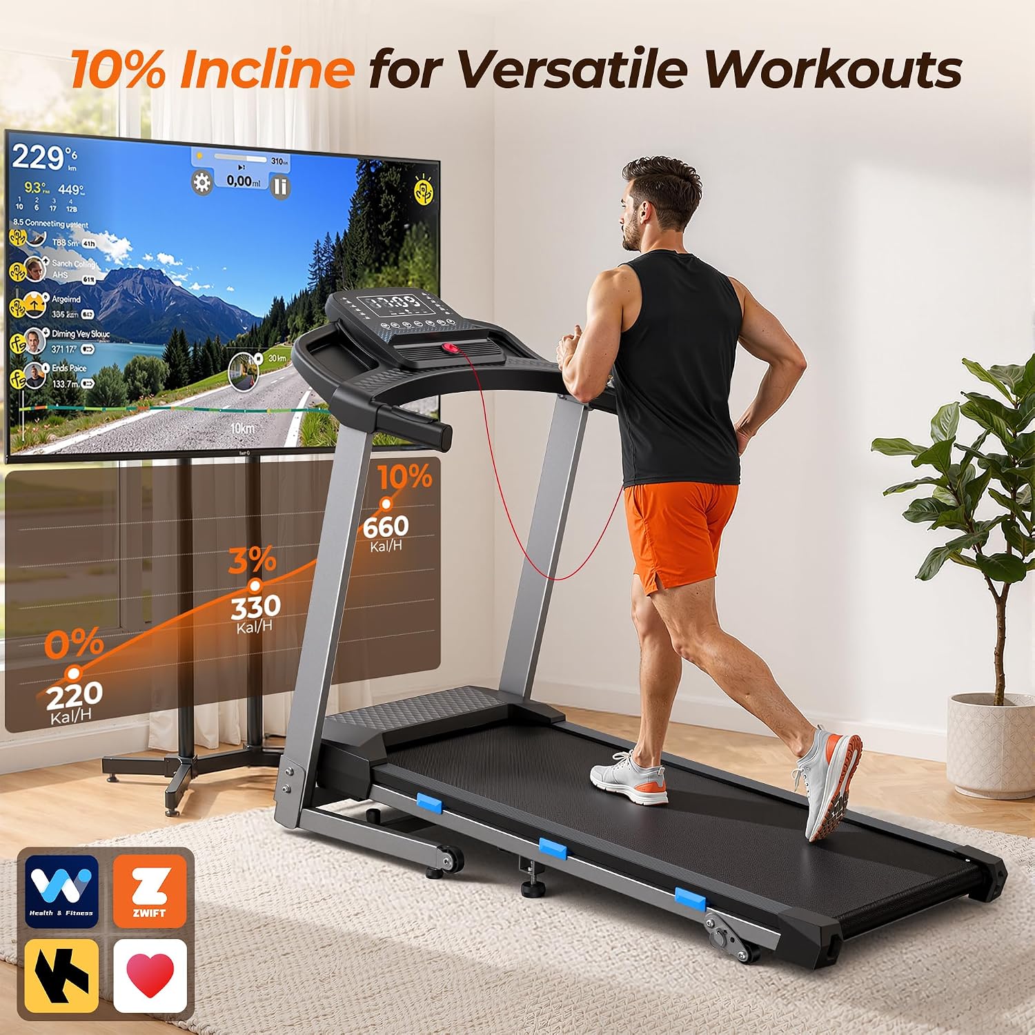Cardirun Foldable Treadmills for Home with 10% Incline, 400 LBS Capacity | 3.5HP Quiet Running Treadmill, 40" x 16" Wide Belt, Max 7.6 MPH