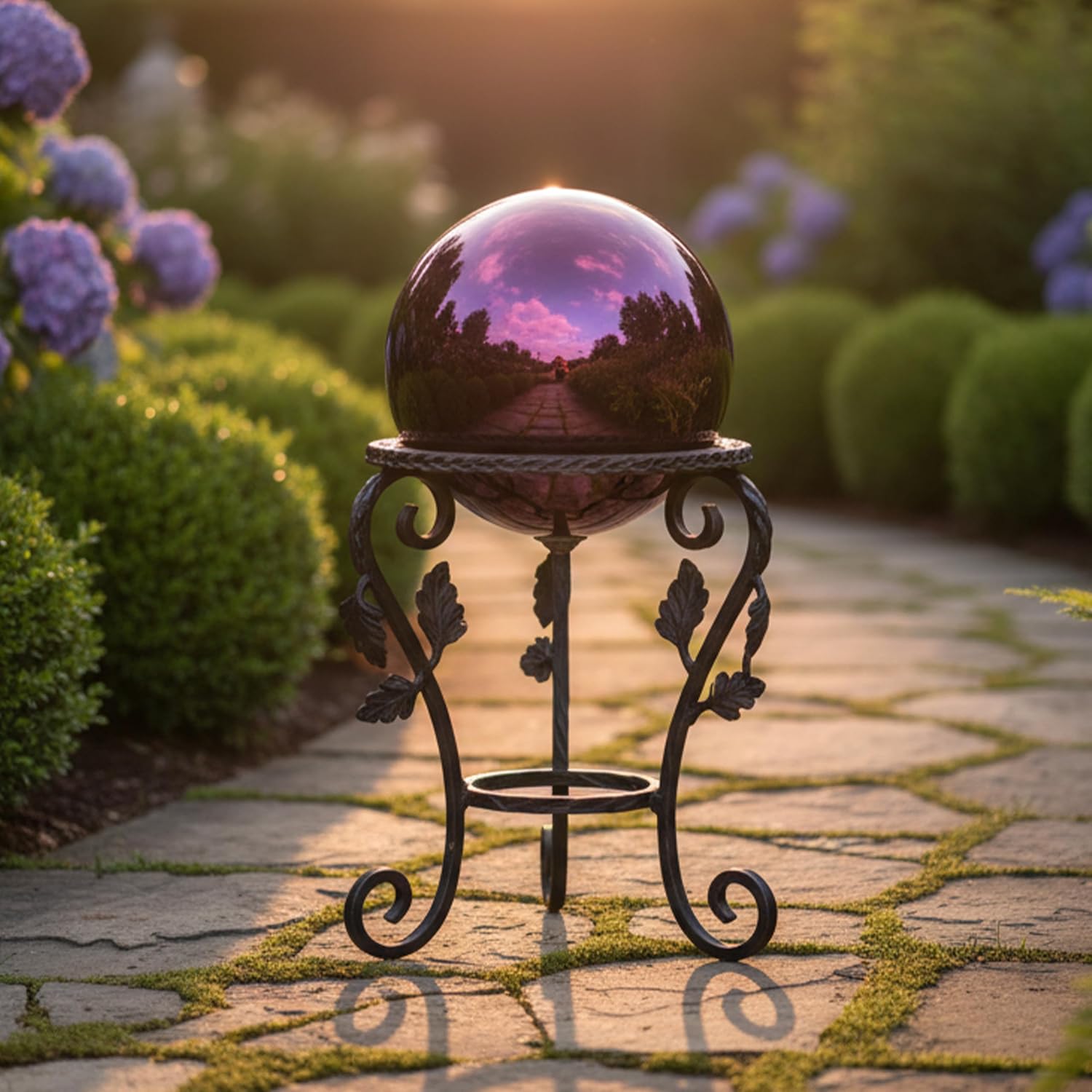 Sunnydaze 10-Inch Handblown Mirrored Glass Gazing Ball, Red | Reflective Outdoor Garden Globe Sphere, for Yard, Patio, Flower Bed, Walkway, and Landscape Decor, Stainless Steel Finish