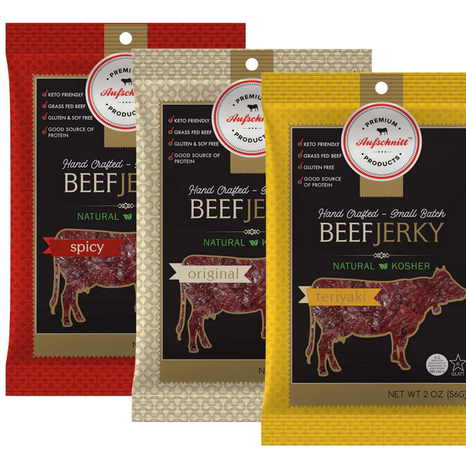 Aufschnitt Grass Fed Beef Jerky - Low Sodium, Certified Kosher - Made in USA - Keto Friendly - 3 Pack, Sweet Variety