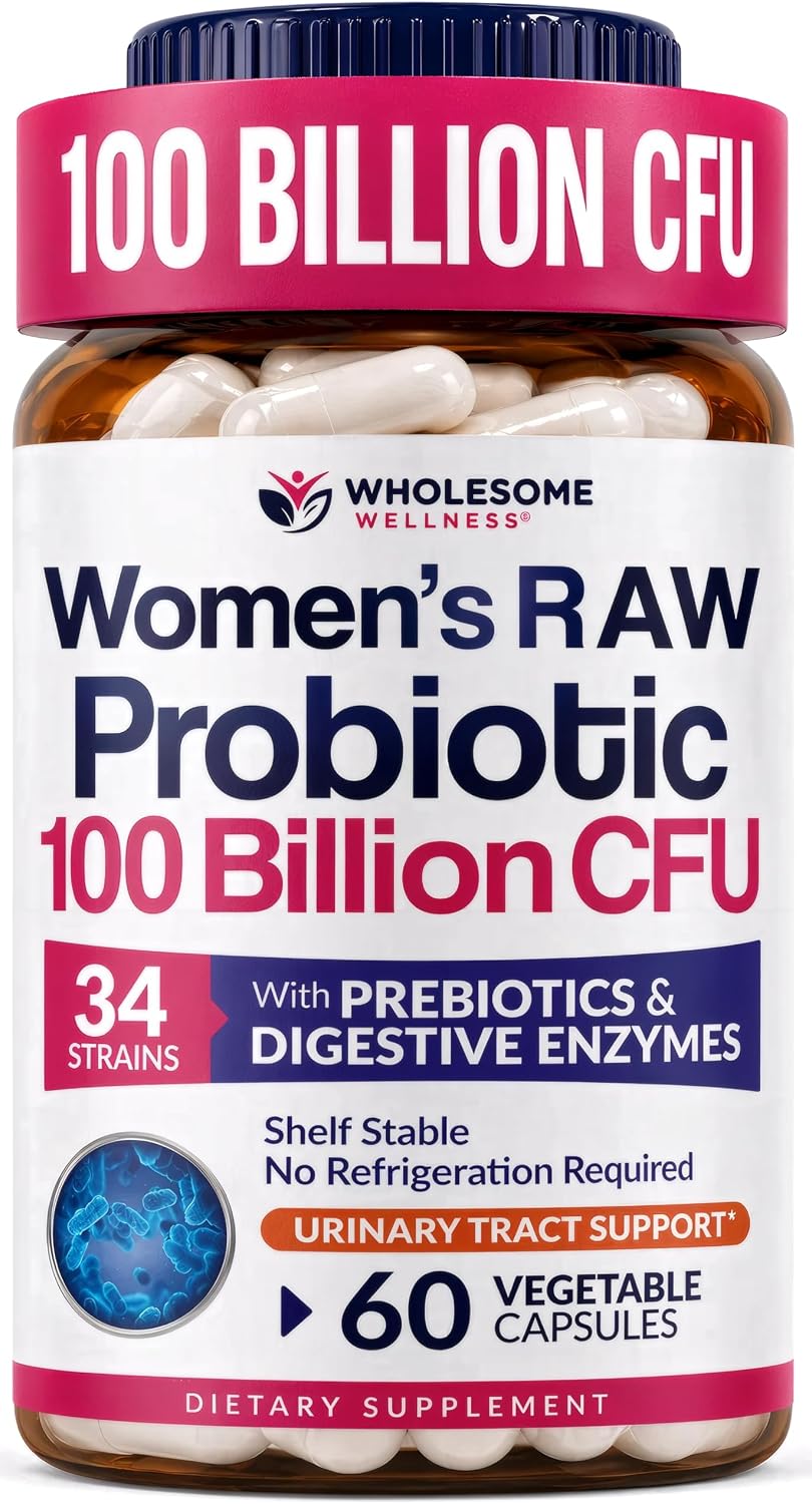 Wholesome Wellness Dr. Formulated Raw Probiotics for Women 100 Billion CFUs Capsules with Prebiotics, Digestive Enzymes, Approved for Adults
