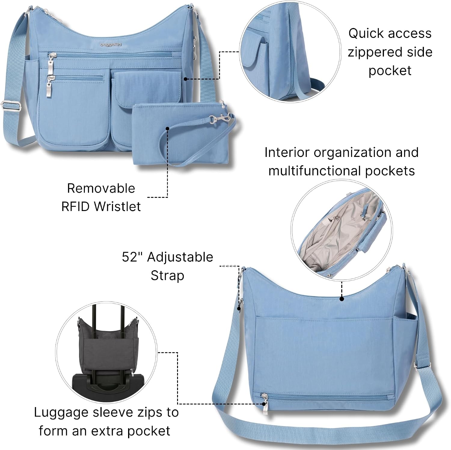Baggallini womens Everywhere Bagg Crossbody Women 11x9 Lightweight Nylon Hobo Water-resistant Travel Bag W/Rfid