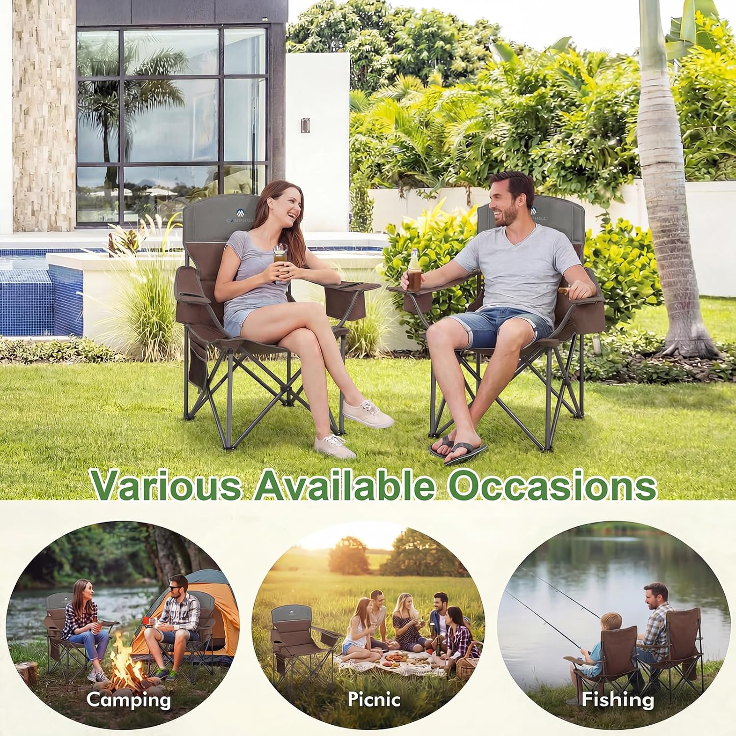 Oversized Camping Chairs 2 Pack - Heavy Duty 400LBS Padded Lawn Chair with Cooler Bag,Cup Holder,Side Pocket,Collapsible for Outdoor,Camp,Fishing & Garden,Dark Green