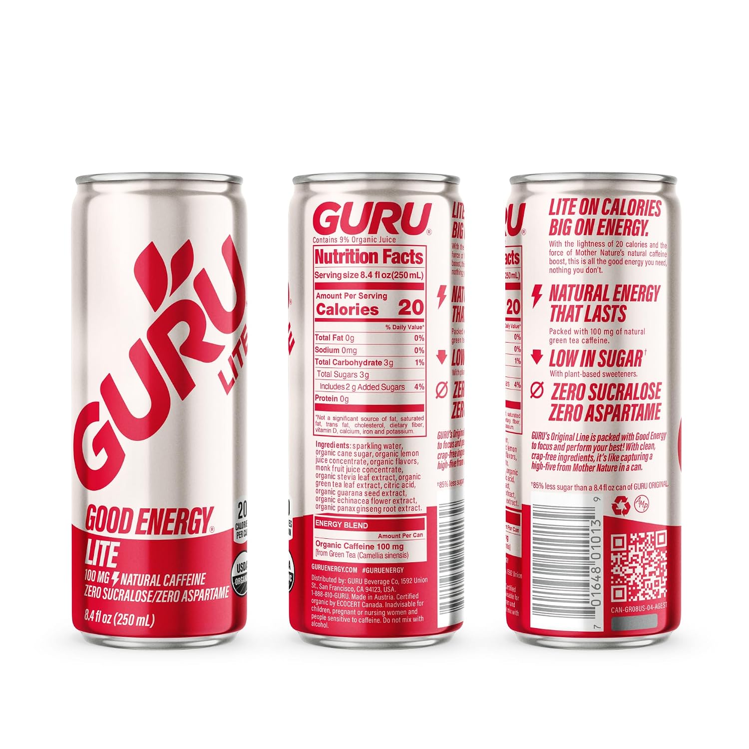 GURU Organic Energy Drink, Lite, Natural Caffeine, 8.4 Fl Oz, 24 Pack | 100 MG Natural Caffeine for Workouts, Performance & Midday Boost