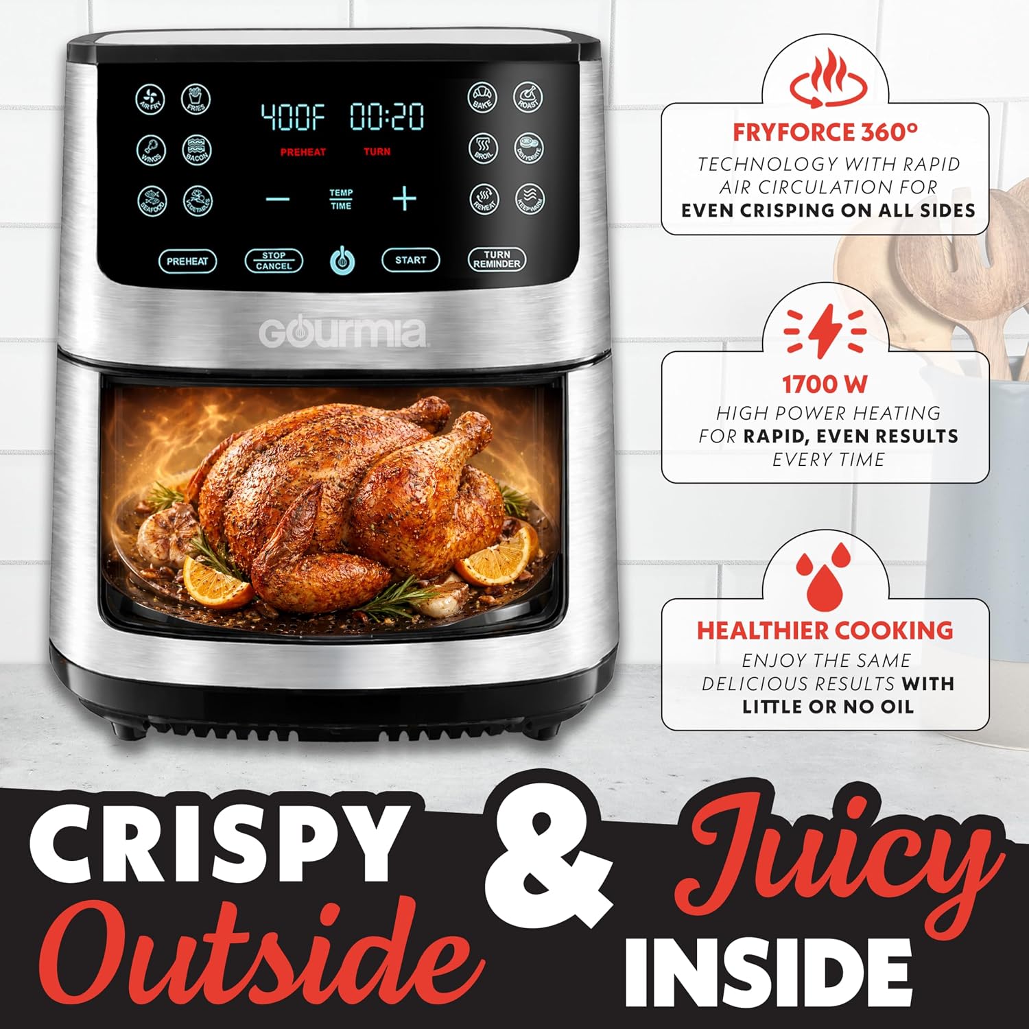 Gourmia Air Fryer Oven Digital Display 8 Quart Large AirFryer Cooker 12 Touch Cooking Presets