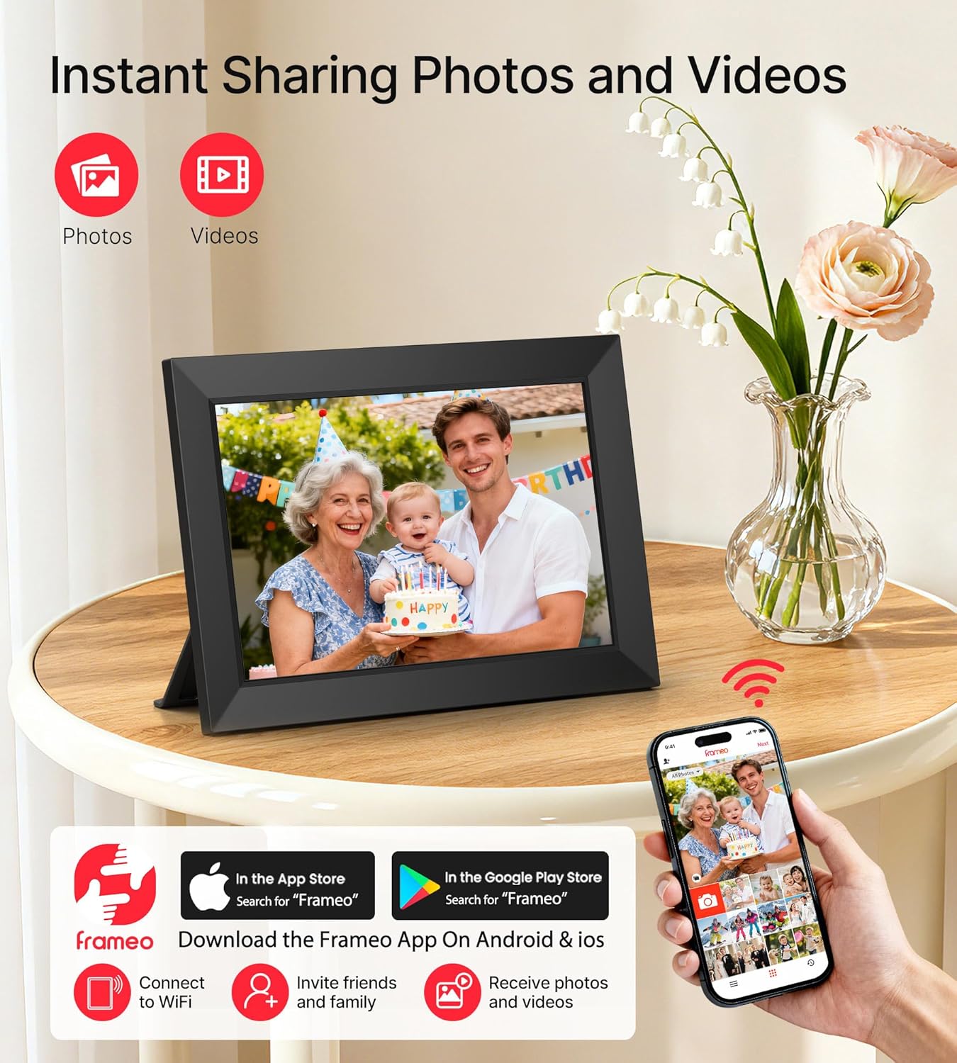 BIGASUO Digital Picture Frame, 10.1" Frameo Digital Frame WiFi with 32GB Memory, 1280x800 IPS Touch Screen