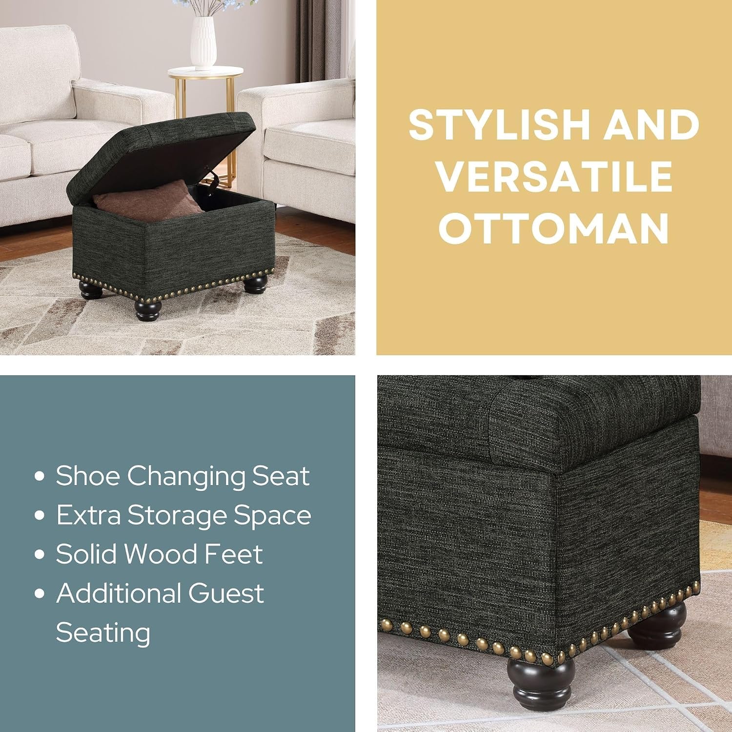 Convenience Concepts Designs4Comfort 5th Avenue Storage Ottoman 24" - Contemporary Foot Stool and Seat with Hinged Lid for Living Room, Dining Room, Office, Den, Espresso Faux Leather