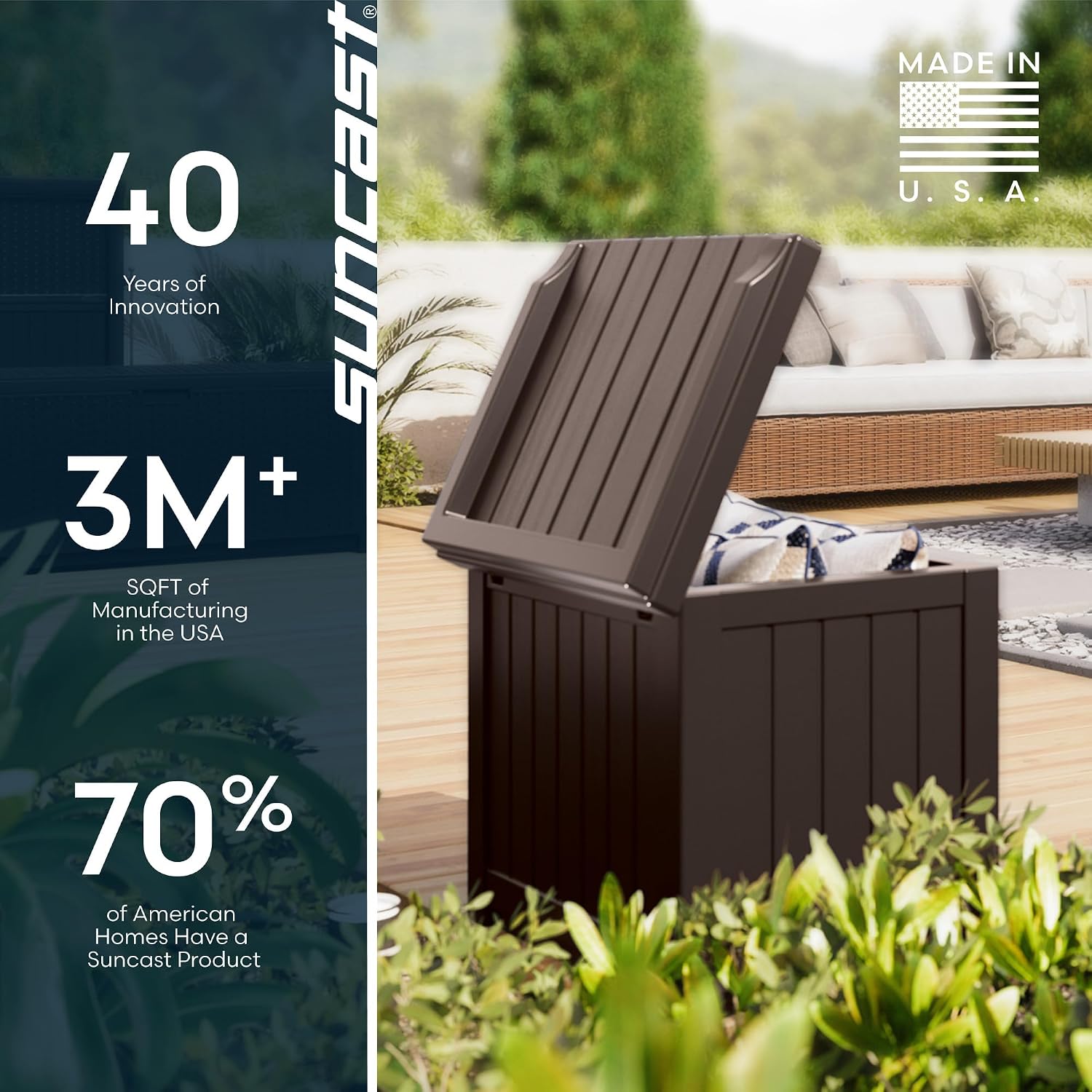 Suncast Outdoor Deck Box - 22 Gallon Java Resin Outdoor Storage Box, Weatherproof Patio Storage Bin Container for Seating & Organizing Cushions