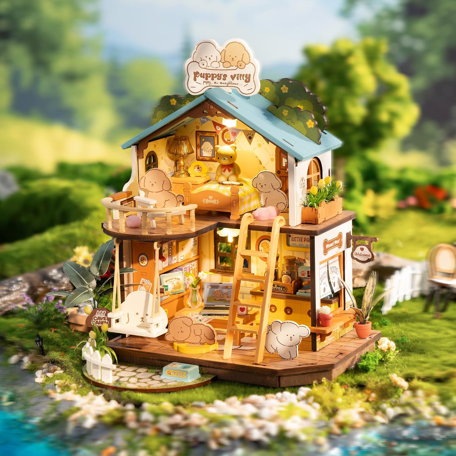 ROBOTIME DIY Miniature House Kit Mini Green House Tiny Dollhouse Wooden Furniture Kit with LED Halloween/Christmas/Birthday Gifts for Adults (Cathy's Greenhouse)