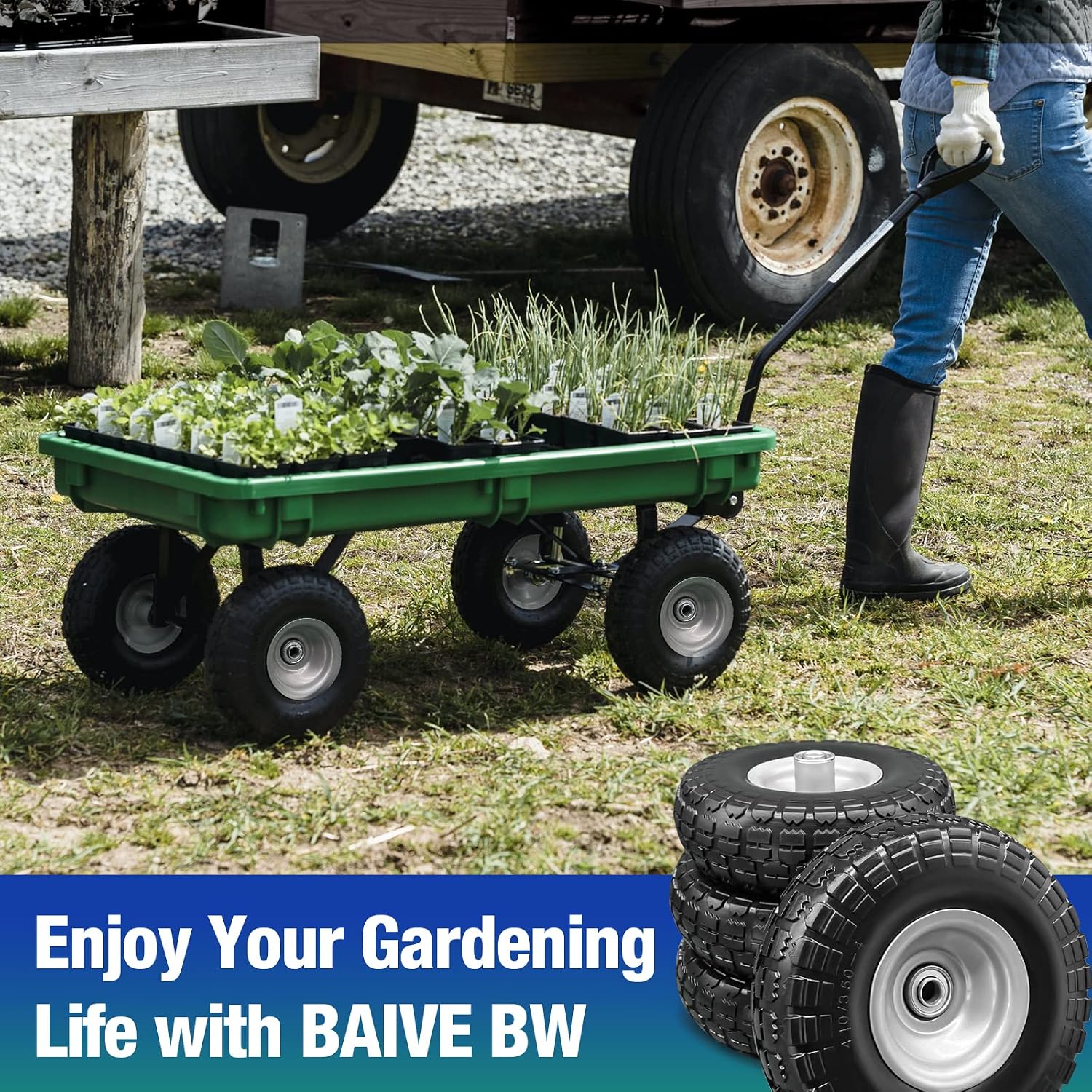 4 Pcs 4.10/3.50-4 Flat Free Tires and Dolly Wheel, 10" Solid Non-inflated Tires Wheels with 5/8 Ball Bearings, 2.24" Offset Hub for Wheelbarrow