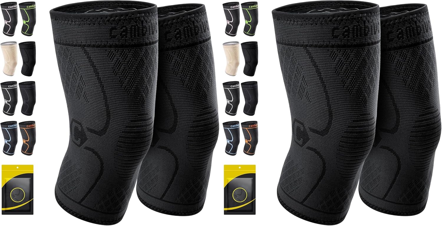 CAMBIVO 2 Pack Knee Braces for Women & Men, Knee Compression Sleeves for Knee Pain Relief, Knee Support with Non-Slip Silicone, Breathable, for Running, Workout, Weightlifting & Daily Use, Arthritis Support (Black, Medium)
