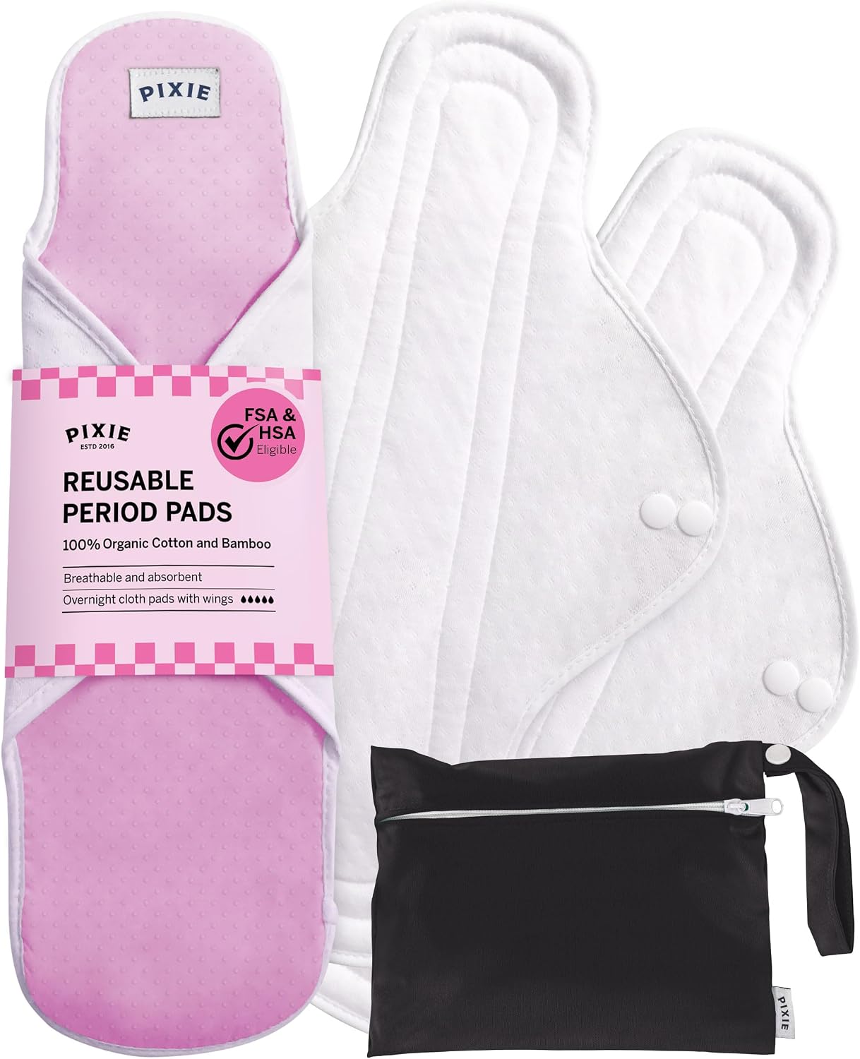 Pixie Cotton Cloth Pads for Feminine Care - 100% Organic Reusable Pads - Ranked 1 for Softest Menstrual Sanitary Napkins - Machine Washable & Includes Free Wet Bag - Menstrual Liner (Regular)