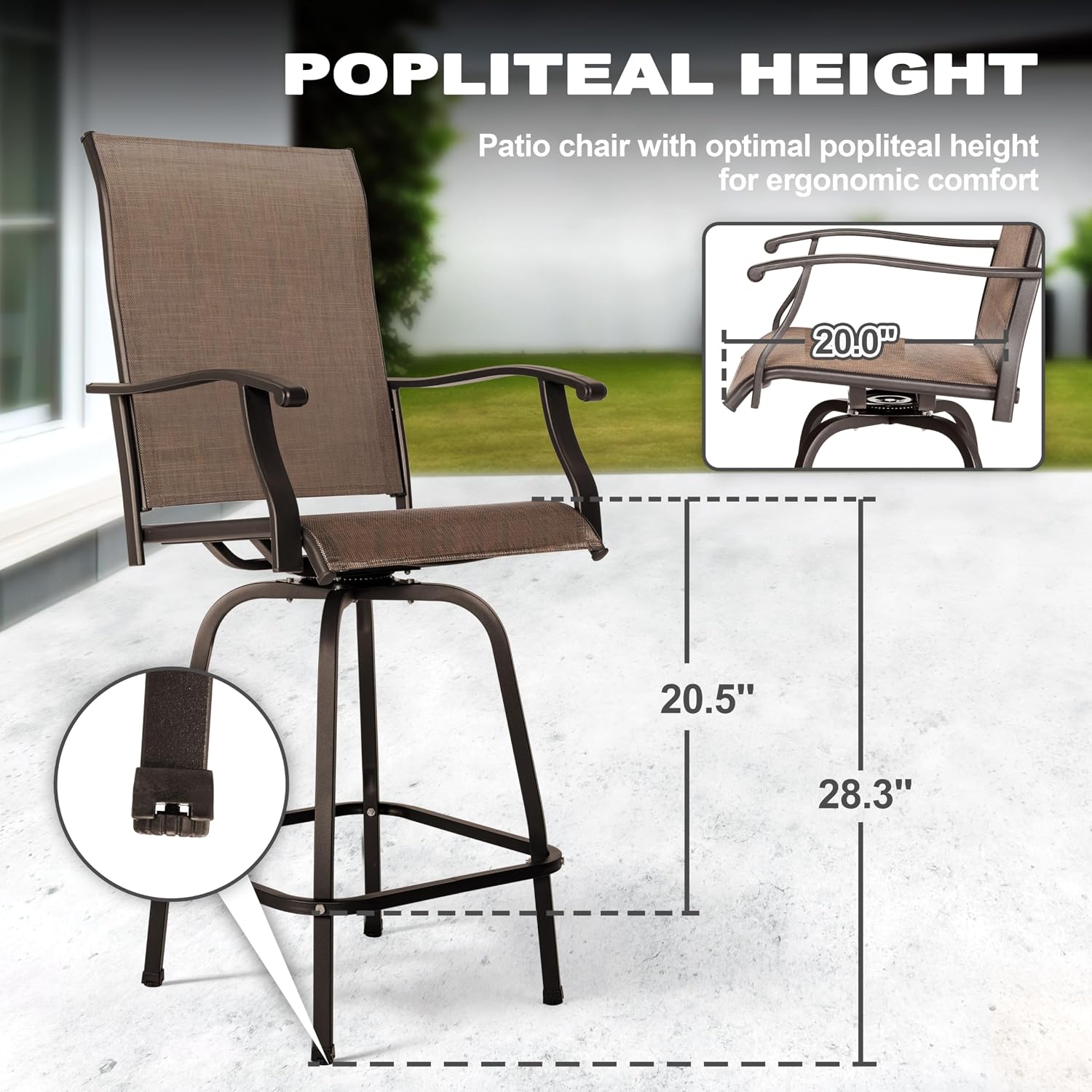 NUU GARDEN 3 Piece Patio Bar Set, All Weather Mental Textilene High Stools Set Outdoor Swivel Bar Chair Set of 2 and High Silk Screen Glass Bar Table