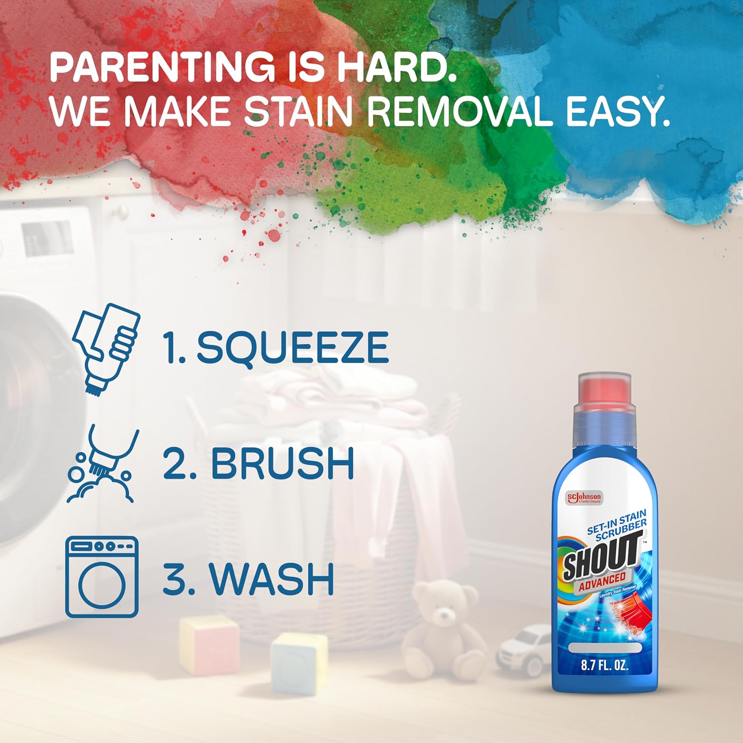 Shout Advanced Stain Remover Gel for Clothes Laundry, Ultra Concentrated Gel with Built-in Scrubber Brush for Deep Set-In stains, 8.7oz