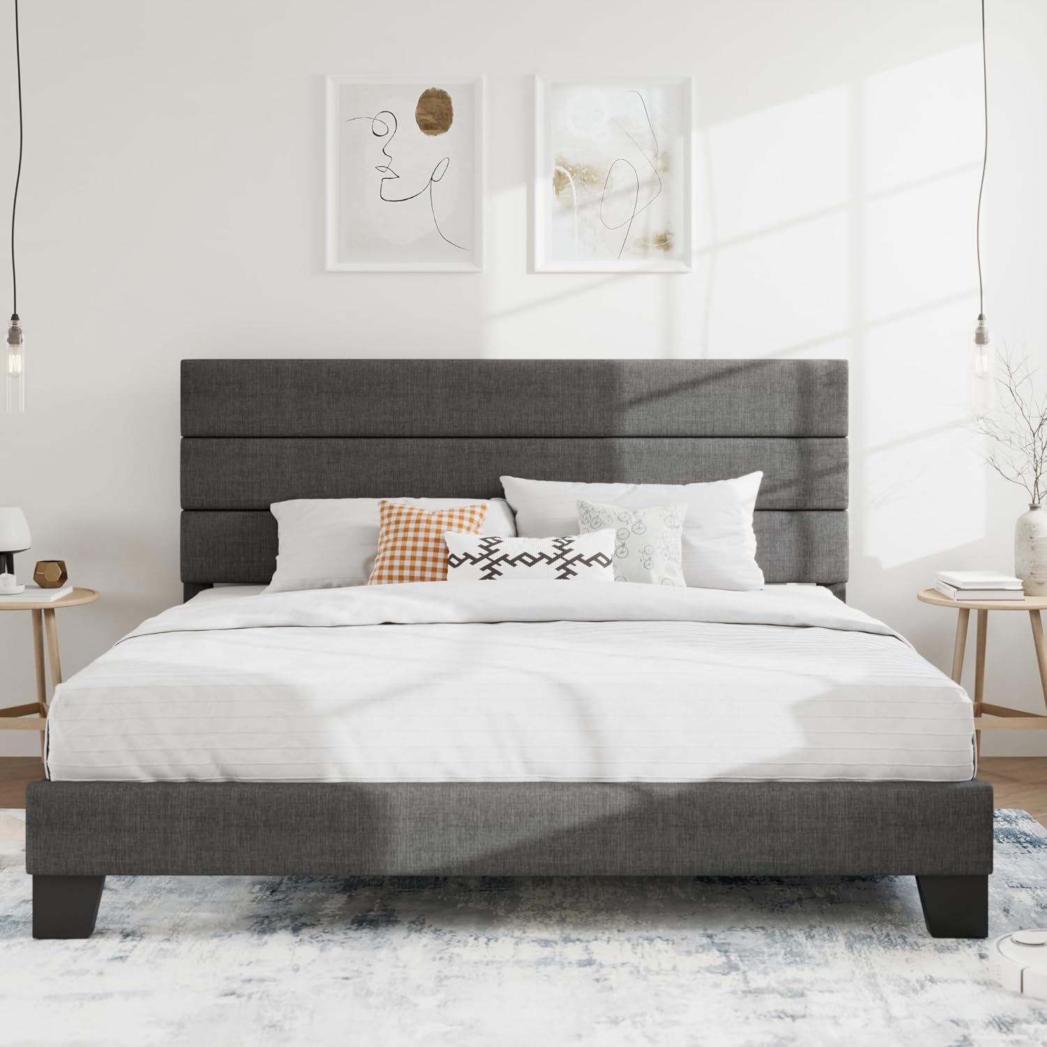 SHA CERLIN Full Platform Bed Frame with Upholstered Fabric Headboard, Grey