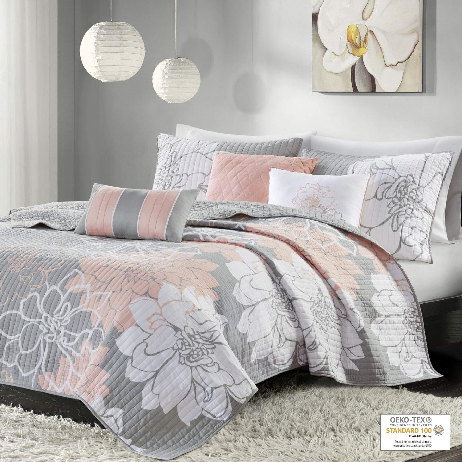 Madison Park Cotton Casual Floral Quilt Set, 6PC Full/Queen Coverlet | Channel Stitching Design, All Season, Lightweight Coverlet Bedspread Bedding, Shams, Decorative Pillows, Taupe Grey/Purple
