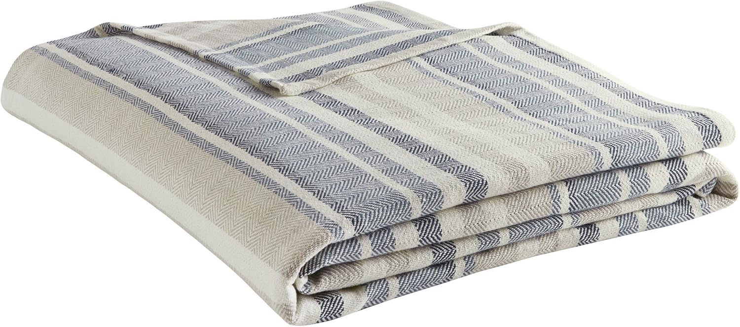 Eddie Bauer - Queen Size Blanket, 100% Soft Cotton Bed Blanket for Year Round Comfort, Throw Blanket for Couch or Bed (Herringbone Blue Stripe)
