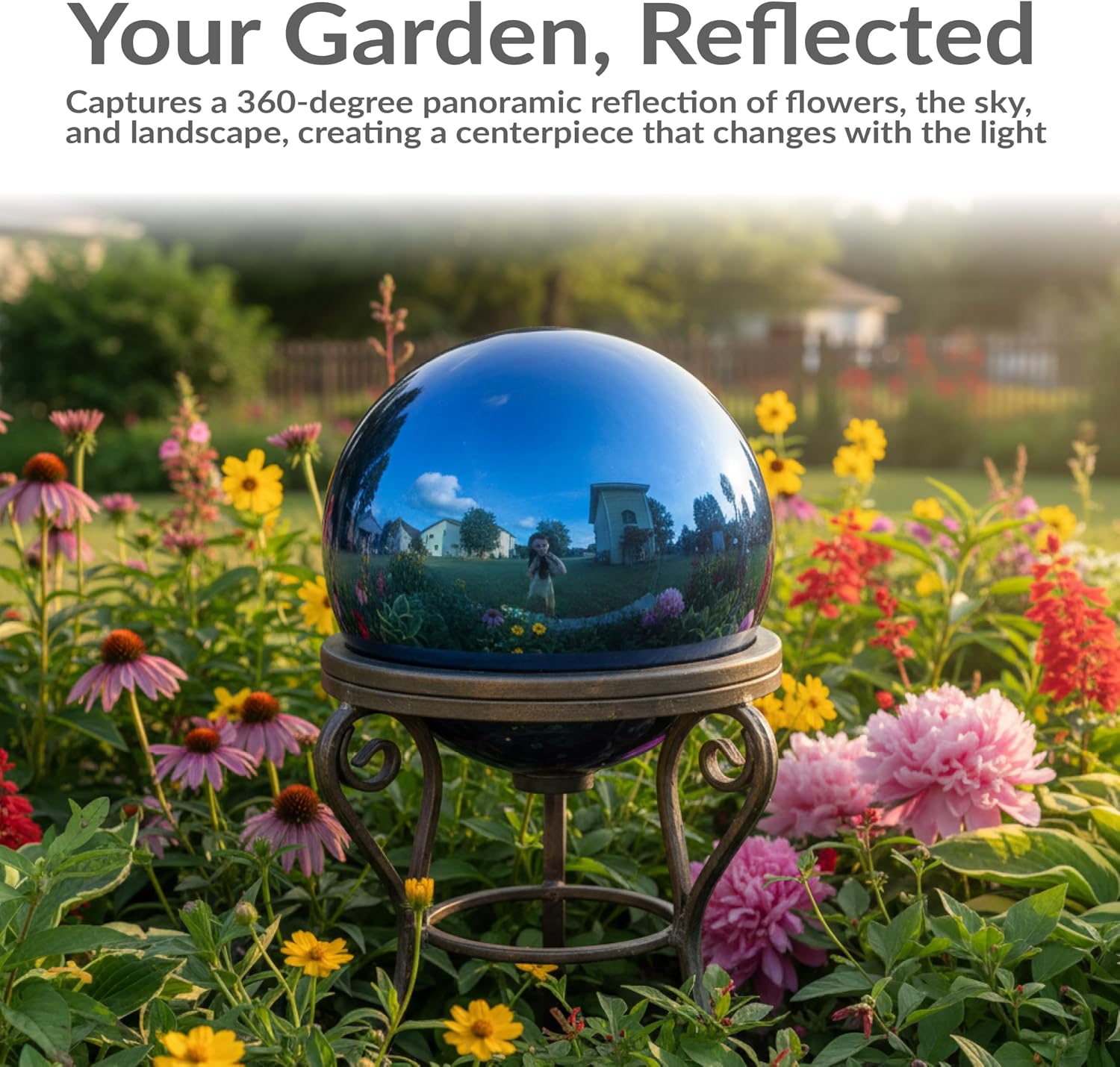Sunnydaze 10-Inch Handblown Mirrored Glass Gazing Ball, Red | Reflective Outdoor Garden Globe Sphere, for Yard, Patio, Flower Bed, Walkway, and Landscape Decor, Stainless Steel Finish