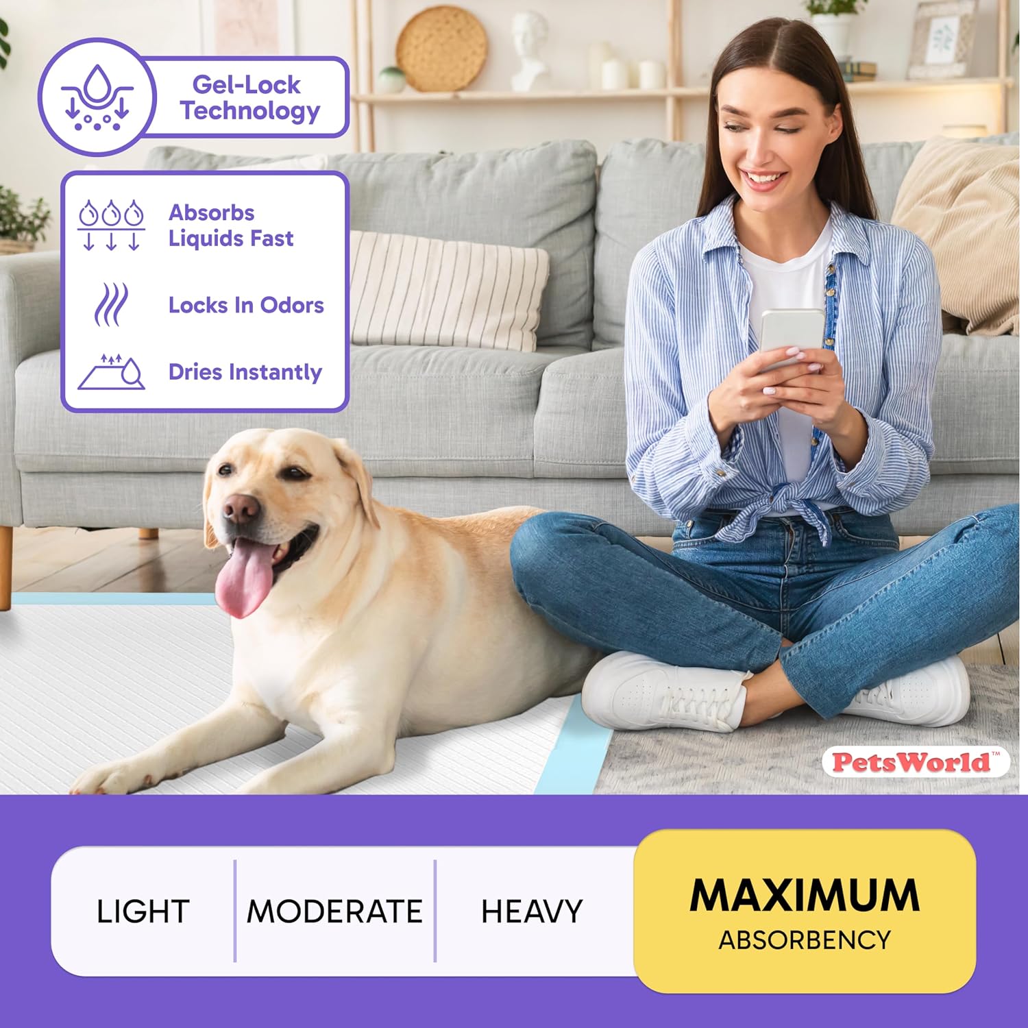 PetsWorld 2XL Dog Pee Pads 28"x44" 1200 Count – Extra Large Pet Pee Pads for Dogs & Puppies, Heavy Duty Leak-Proof Dog Training Pads