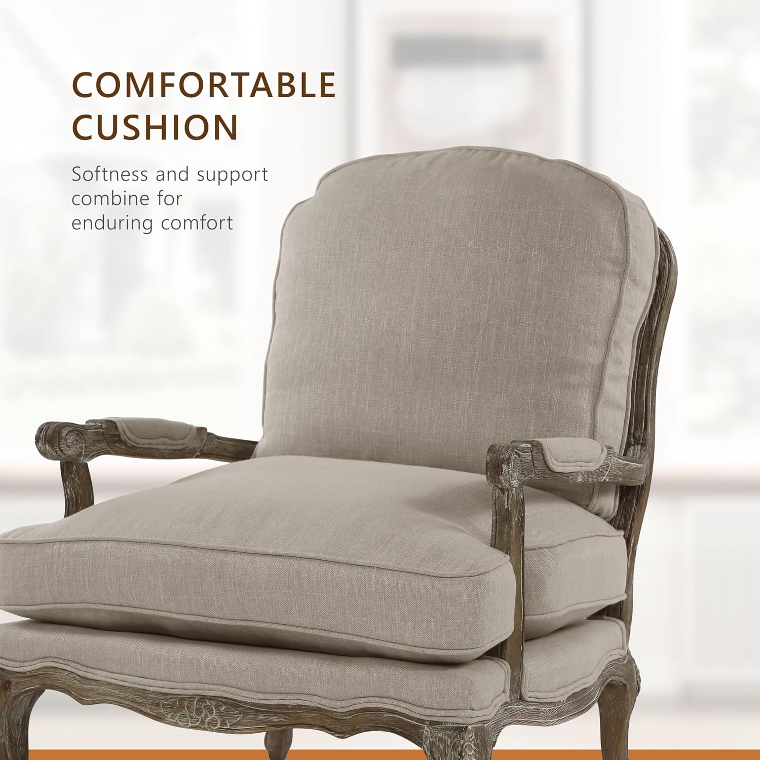 Lexicon Parlier Show Wood Accent Chair - Mid Century Modern Chair for Living Room, Traditional French Country Style, Padded Arms, Reversible Cushion, Solid Wood Frame, Arrives Assembled, Neutral
