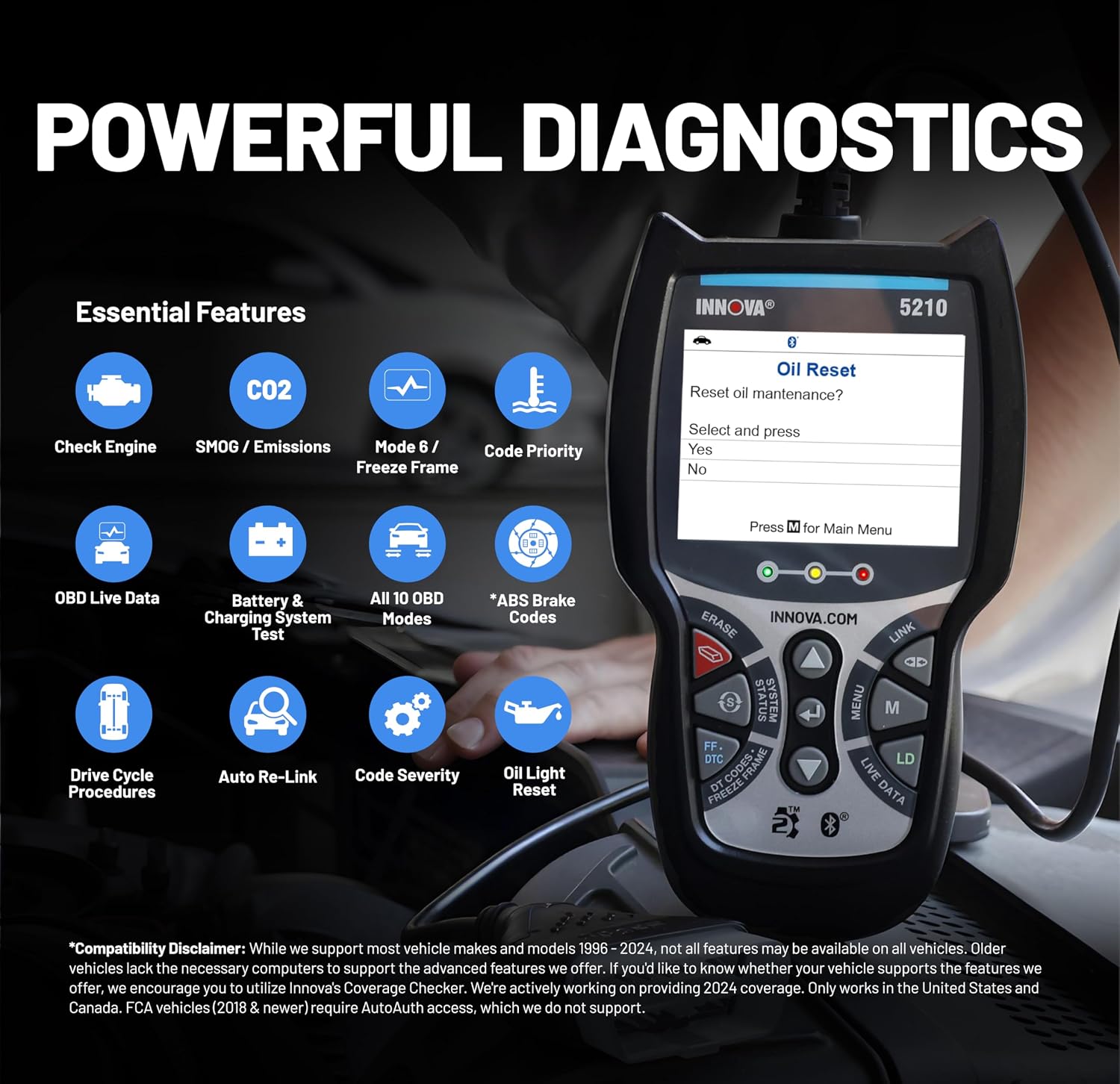 Innova 5210 OBD2 Scanner & Engine Code Reader, Battery Tester, Live Data, Oil Reset, Car Diagnostic Tool for Most Vehicles