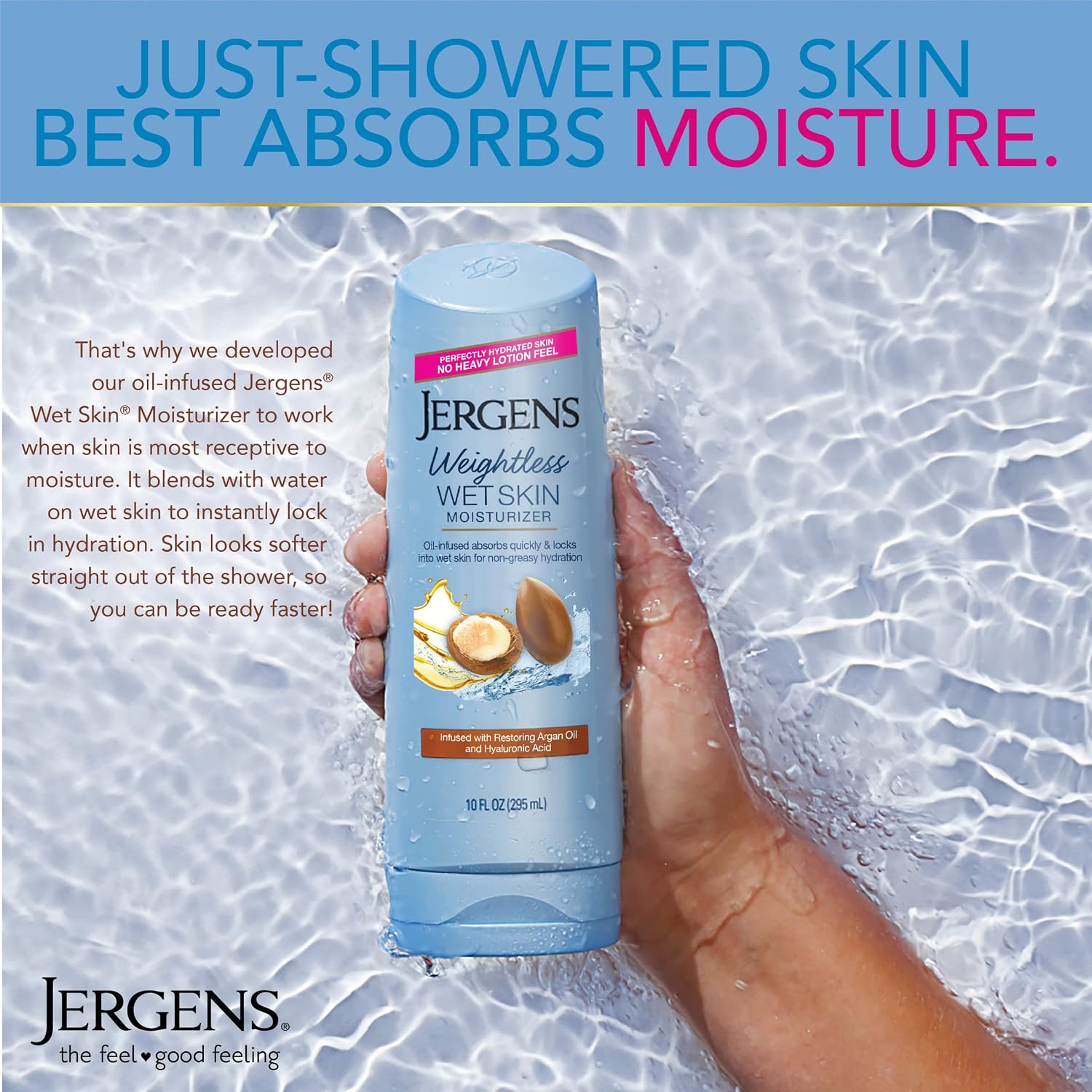 Jergens In Shower Lotion For Dry Skin, Wet Skin Moisturizer, 10 oz, 4 Pack | Argan Oil, Hyaluronic Acid, Fast Absorption, Non-Sticky Formula, Dermatologist Tested