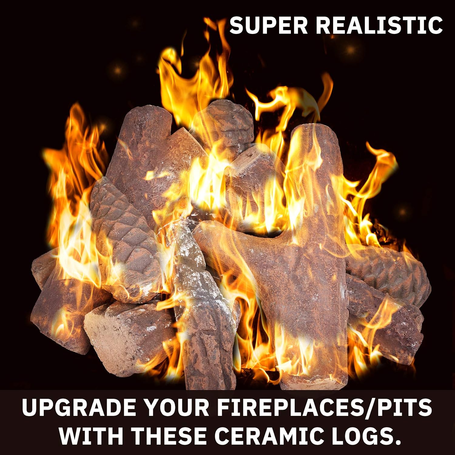 GASPRO Ceramic Logs for Gas Fireplace, 10-Piece Vented Faux Logs for Indoor Natural Gas Fireplace, Large Size