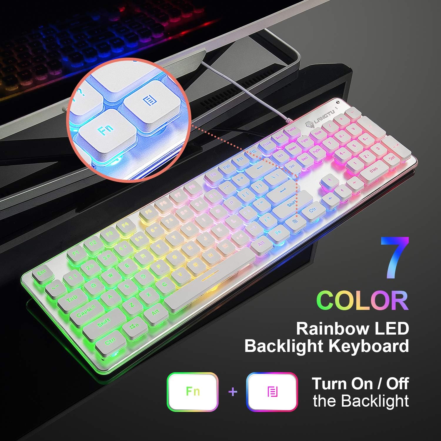 LANGTU Membrane Gaming Keyboard, Rainbow LED Backlit Quiet Keyboard for Office