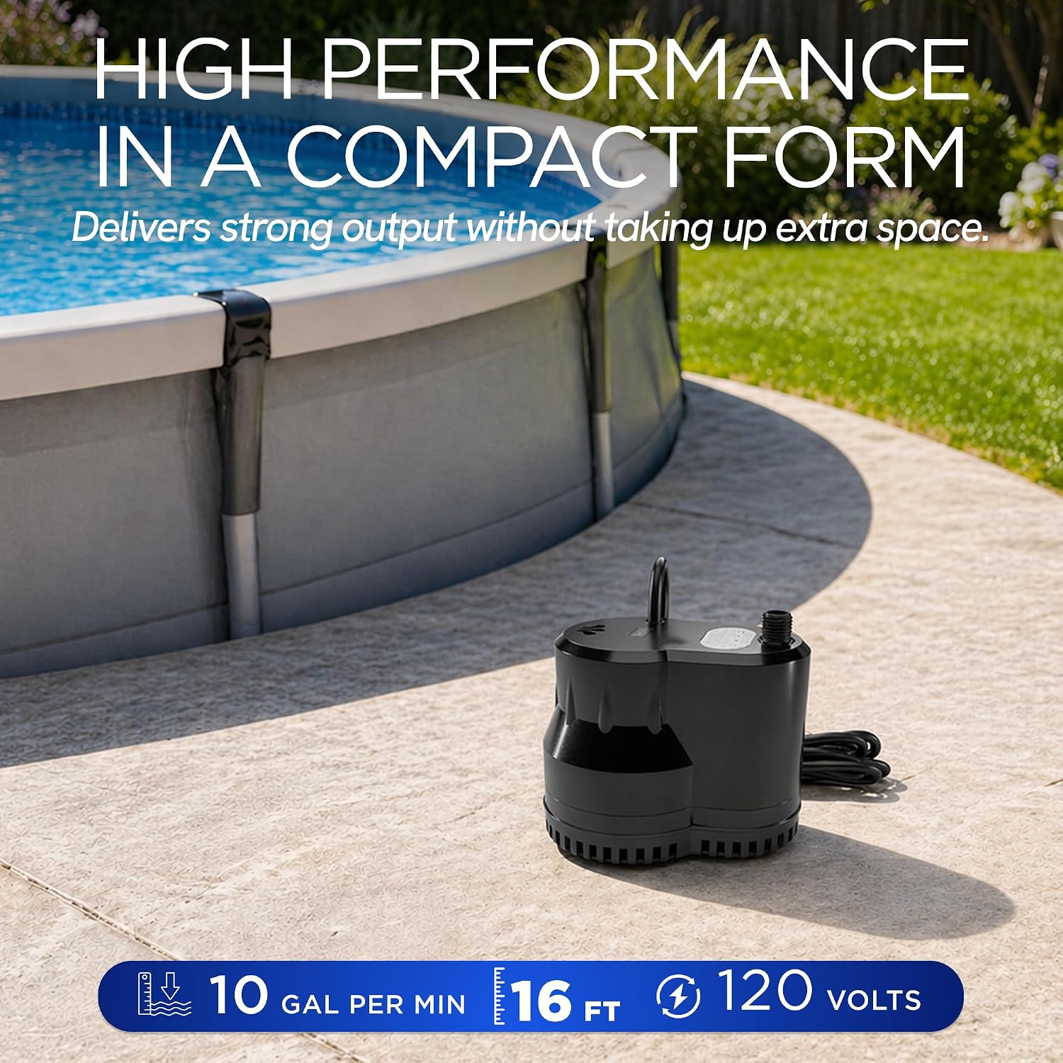 Pool Cover Pump - 75W 10 GPM 120V - 16 ft Hose - ABS Plastic | Submersible Design, Flat Base For Shallow Water, Manual Shut Off, 16 ft Power Cord