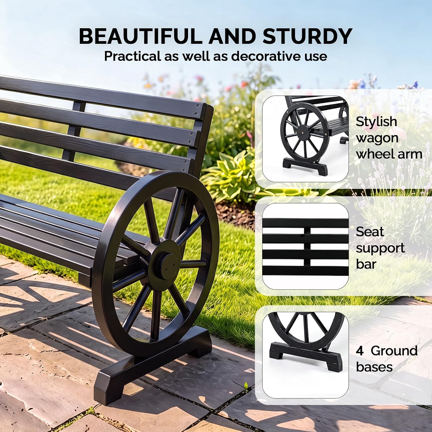 VINGLI Rustic Wooden Wheel Bench Outdoor Bench, Patio Bench Wagon Slatted Seat, Garden Benches for Outdoors 350lbs High Capacity