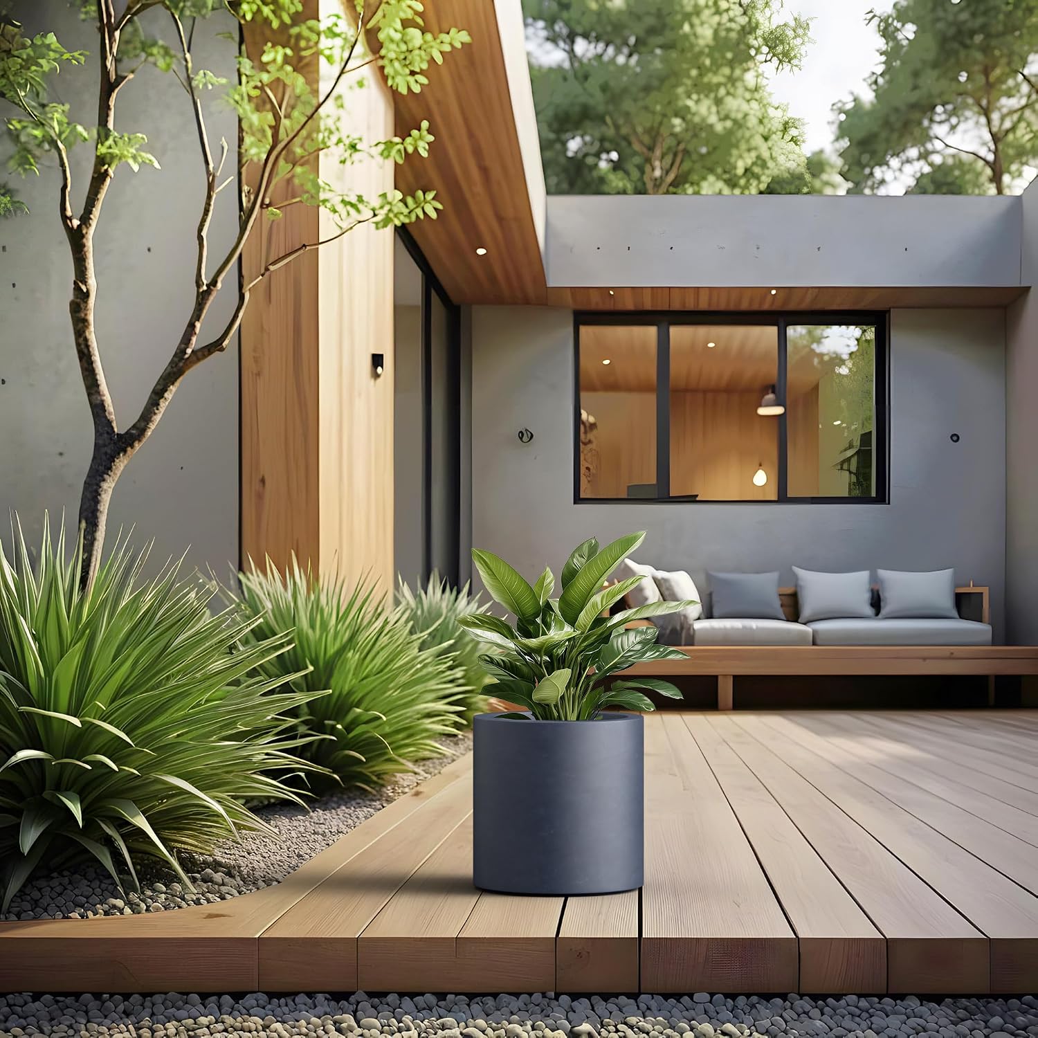 Kante Large Round Cylinder Charcoal Concrete Planter 15.8" Tall, Outdoor
