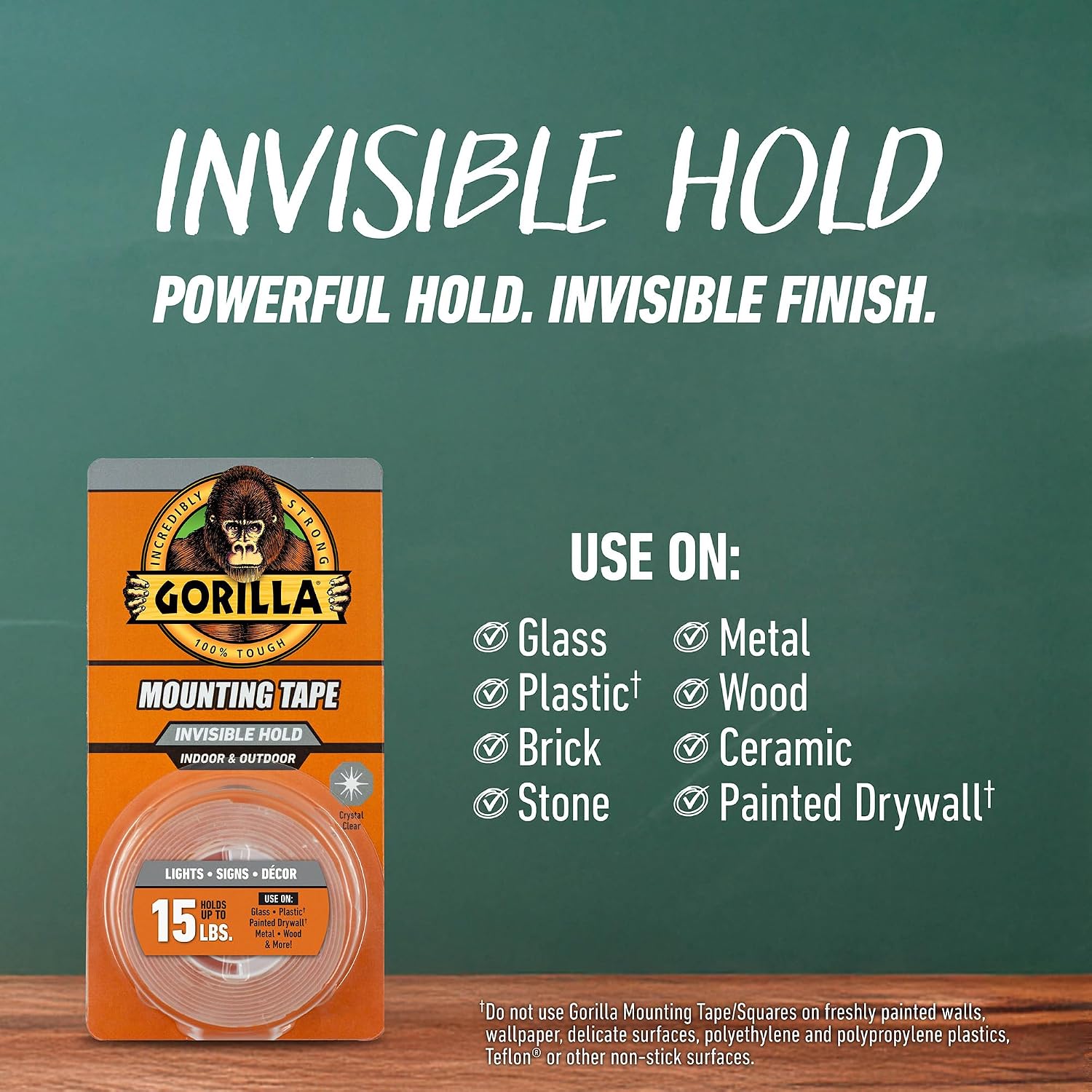 Gorilla Invisible Hold Mounting Tape, 1" x 150" (Pack of 1), Holds up to 15 lbs, Clear Double-Sided Tape for Strong, Permanent Bond