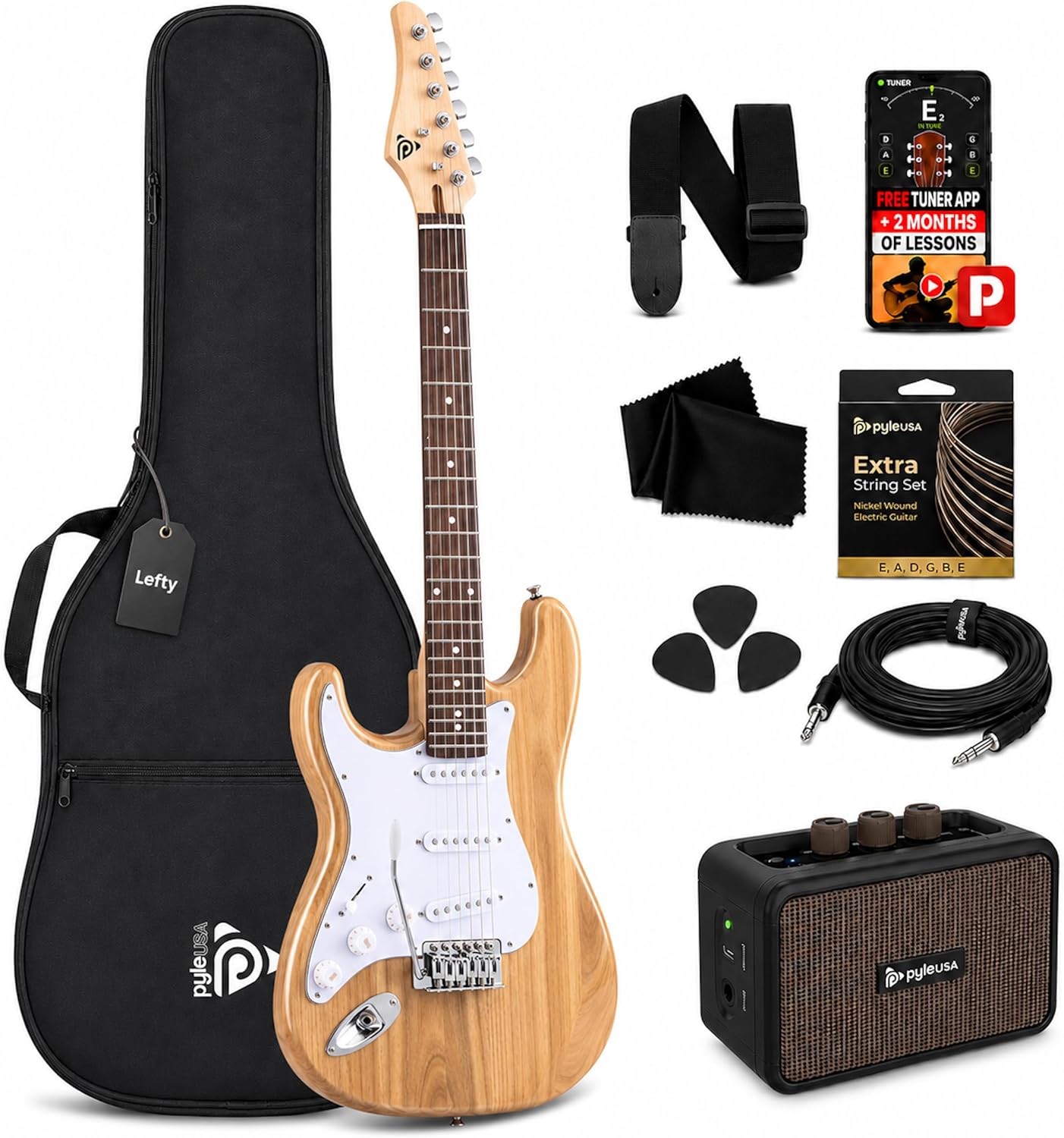 Pyle Electric Guitar and Amp Kit - Full Size 39" Complete Starter Kit with Wearable Bluetooth Amplifier, 1/4” Cable, Carry Case, Strap, Strings, Picks, Cleaning Cloth, ST-Style Pickups (Black)
