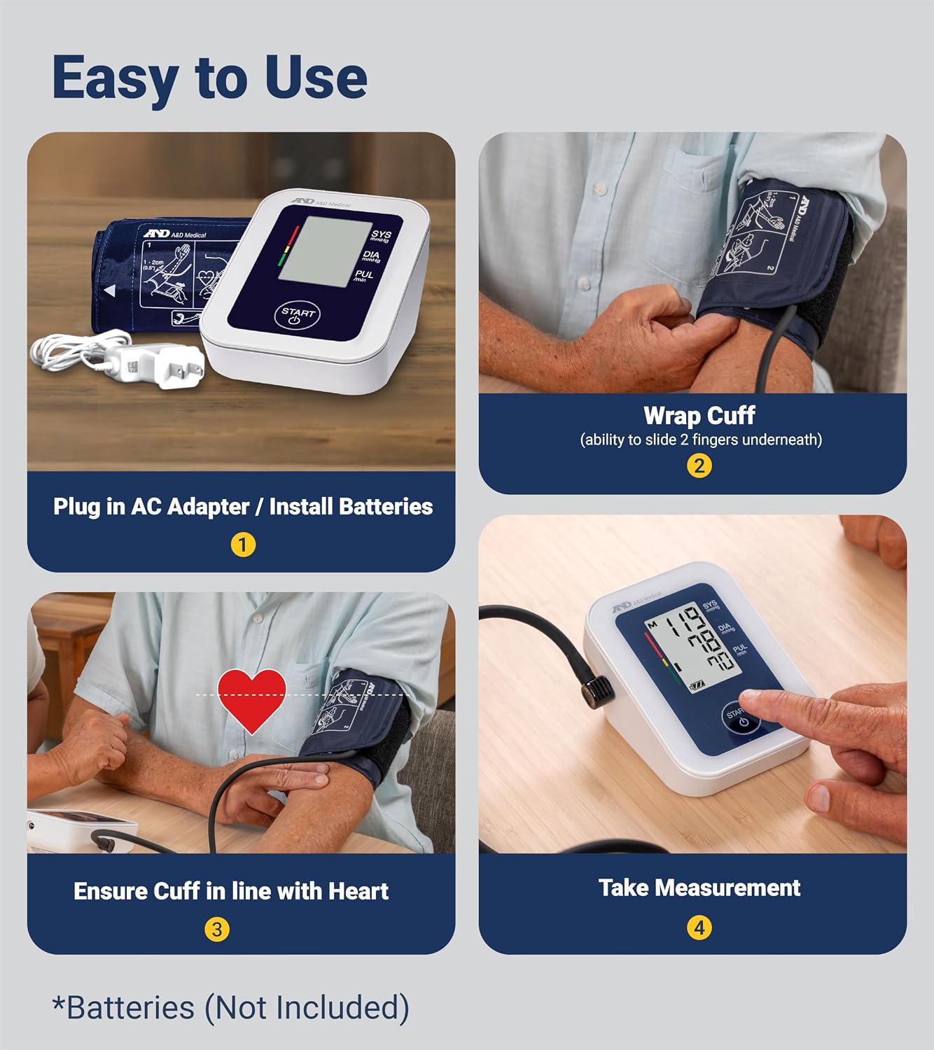 A&D Medical UA-651 Upper Arm Blood Pressure Monitor, Cuff 8.6-16.5” | Upper Arm Precise BP Machine – Wide Range Cuff (8.6”), 60 Readings, Large LCD Display, Adults, Includes 4 AA Batteries