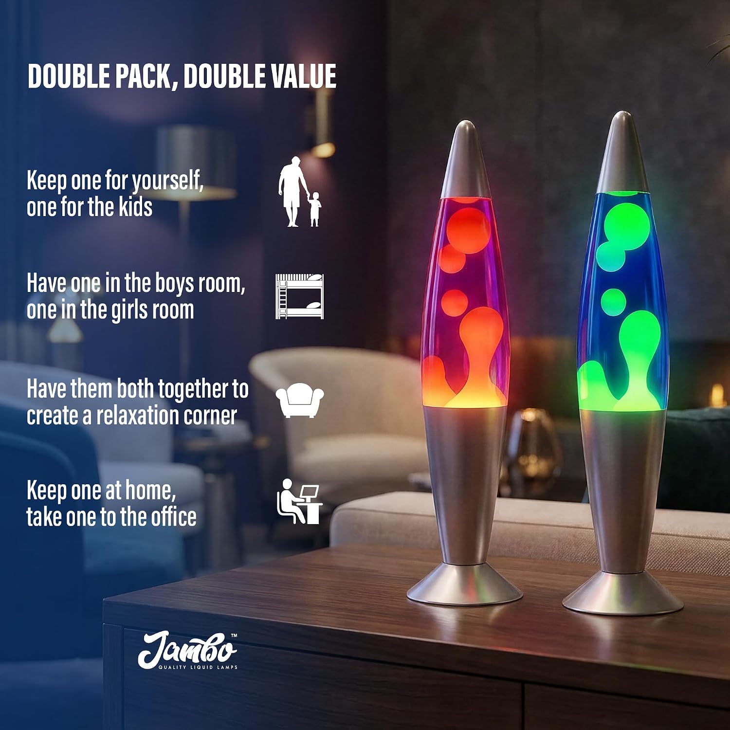 JAMBO 16" Beautiful Lamp- Purple with Yellow/Orange Wax, Relaxing Liquid Light, Night Light Nightlight