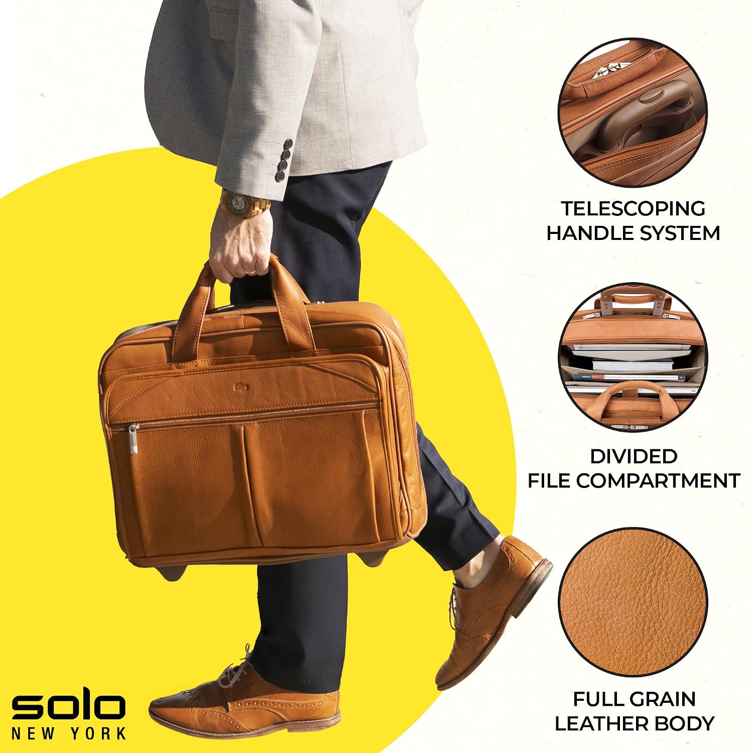Solo New York Leather Rolling Case with Wheels - Roller Laptop Bag, Wheeled Briefcase for Women & Men, Carry On Size for Travel