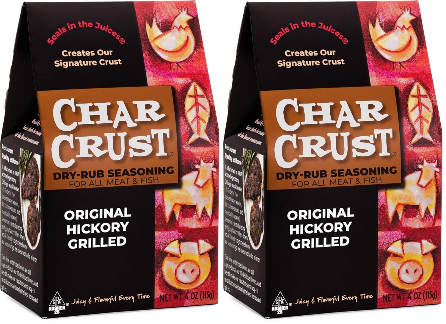 Char Crust Dry-Rub Seasonings Original Hickory Grilled | All-in-one seasonings | Perfect for Steaks, Burgers, Ribs, Tuna | Signature Crust that Seals in the Juices, 4 Ounce (Pack of 6)