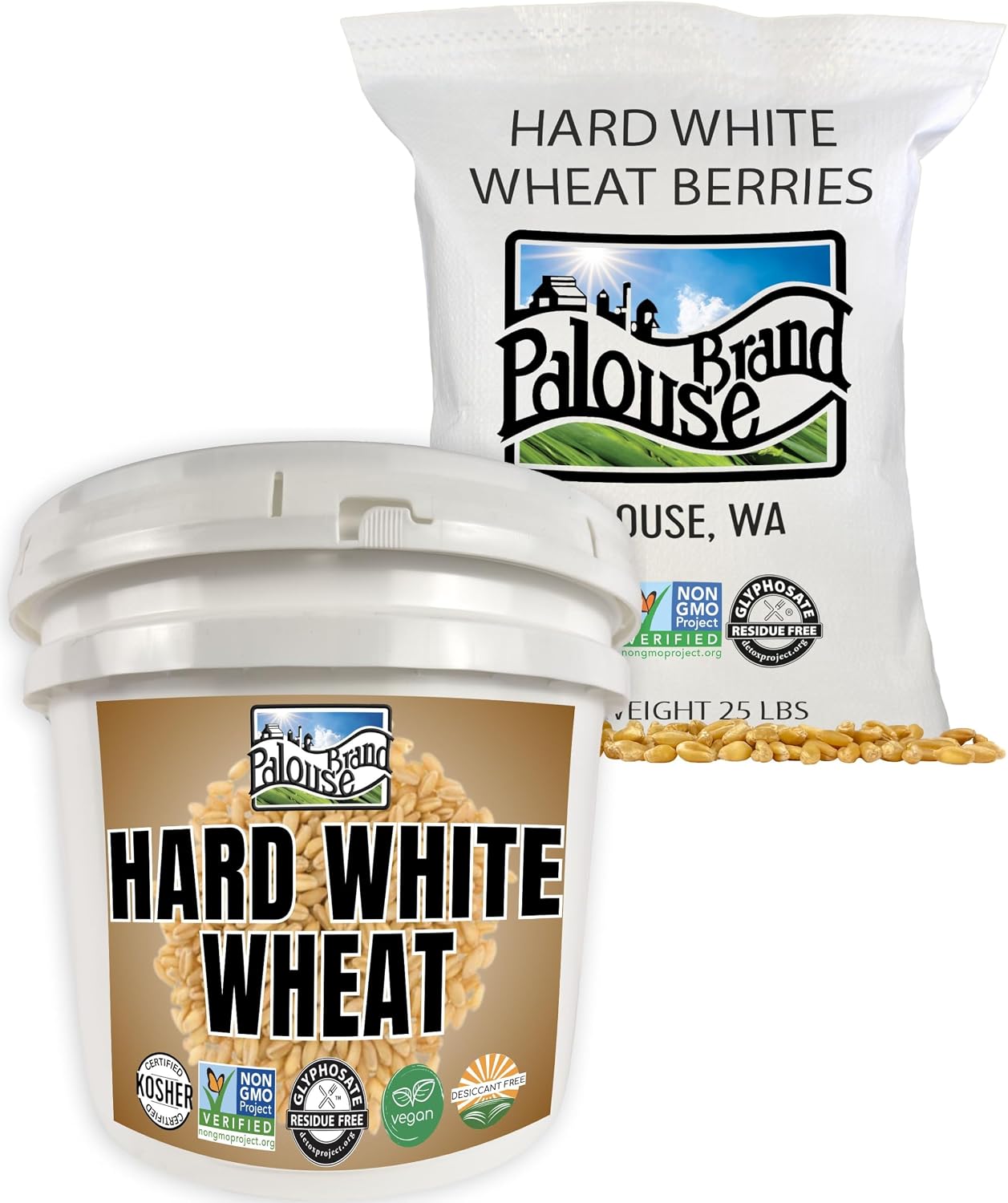 Palouse Brand Certified Glyphosate Residue Free Hard White Wheat Berries | 25 LBS | Family Farmed in Washington State | Sproutable | Non-GMO Project Verified | Kosher
